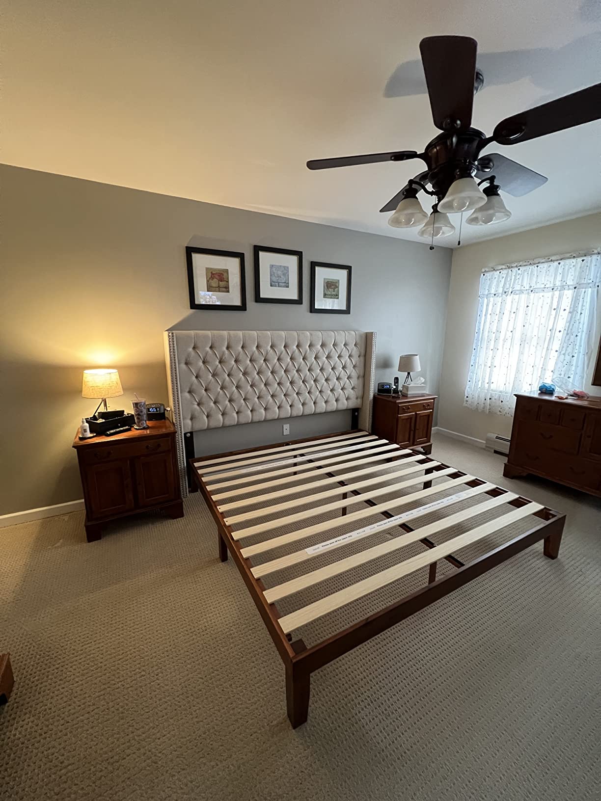 Madison Park Amelia Upholstered Headboard | Nail Head Trim Wingback Button Tufted | King, Cream customer photo 1