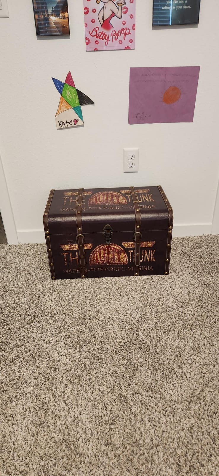 Household Essentials Large Decorative Storage Trunk with Vintage Decoupage, Leather and Metal Accents, Green and Black Finish customer photo 2