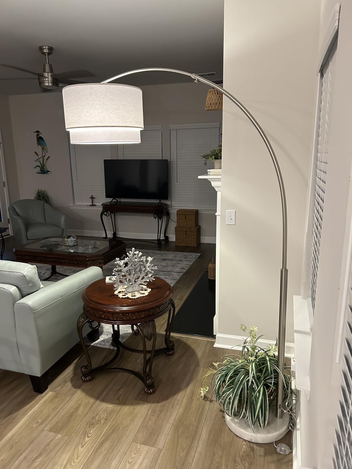 Brightech Mason Arc Floor Lamp - Modern Corner Standing Lamp with Unique Hanging Drum Lamp Shade for Living Room - Bright Overhead, Curved Hanging Light for Bedroom. Library, Den - Nickel customer photo 1