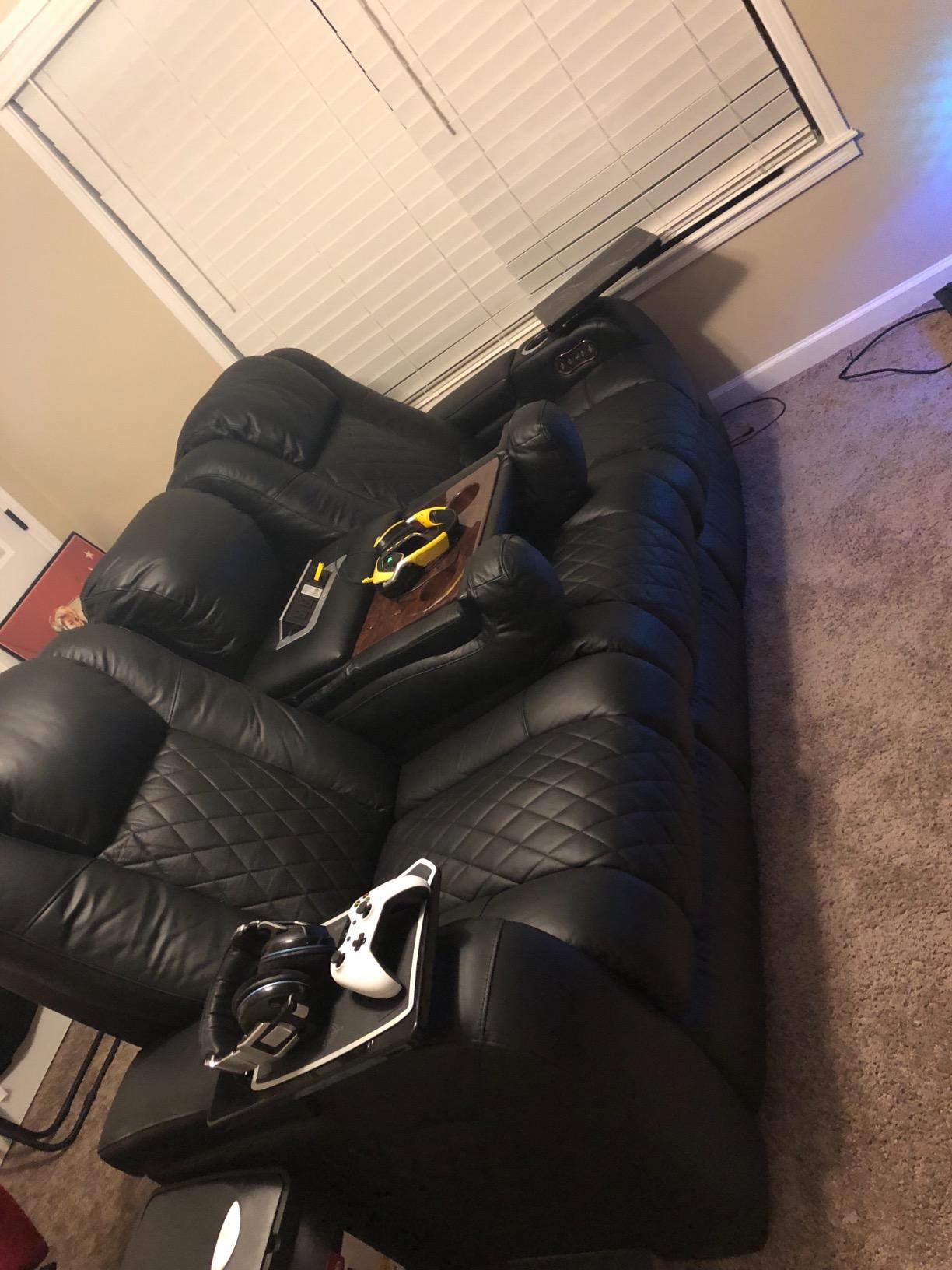 Seatcraft Anthem Home Theater Seating Black Sofa with Fold Down Table | Italian Leather, Powered Headrest, Power Recline, USB-A charging, Fold-Down Table customer photo 1