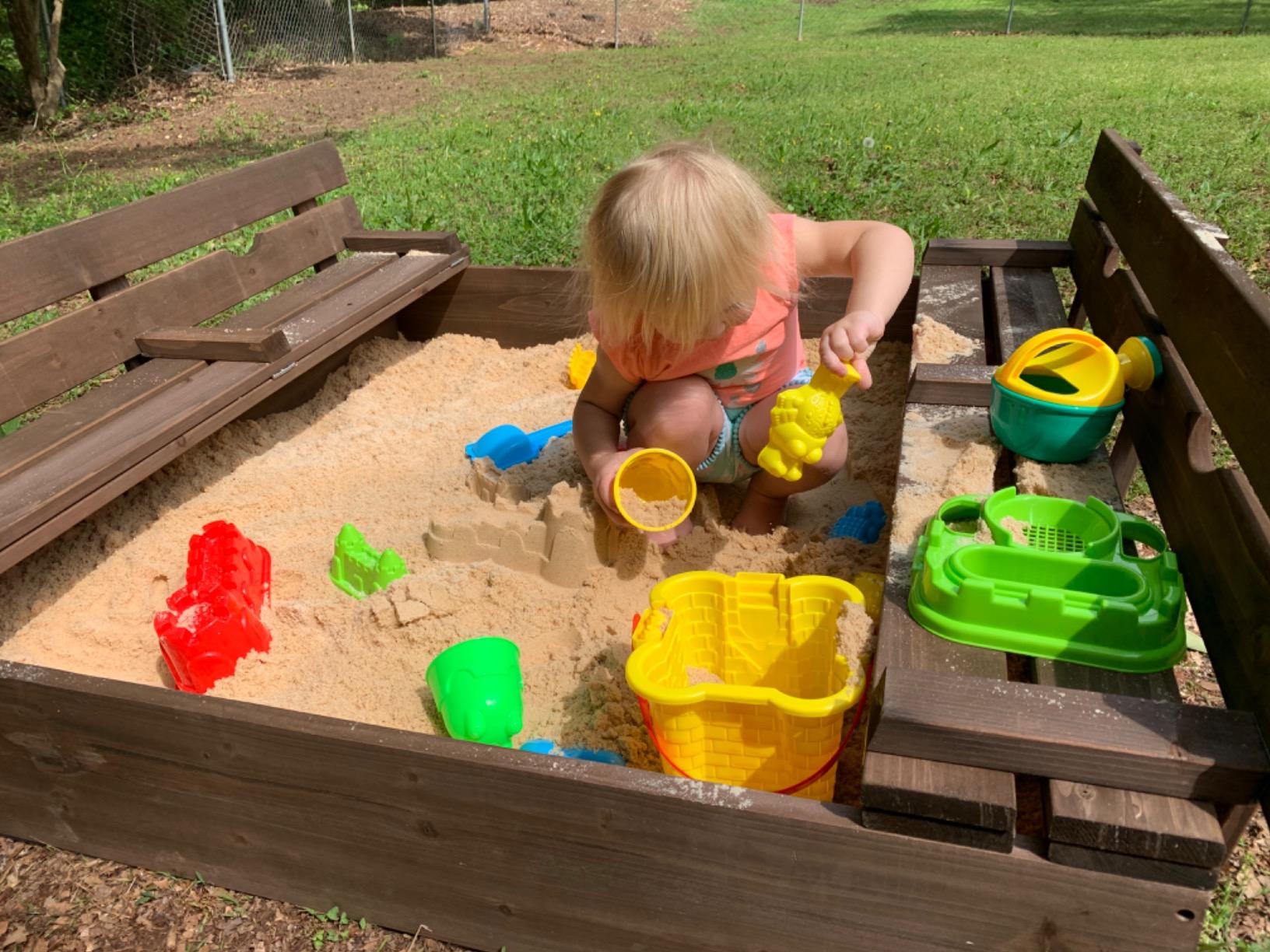 Badger Basket Wooden Sandbox with Cover & Folding Benches - Outdoor Sand Box for Kids & Toddlers, Large Backyard Sand Pit Playset with Convertible Lid, (46.5 x 46.5 x 9.5 Inches) - Natural/Green customer photo 1