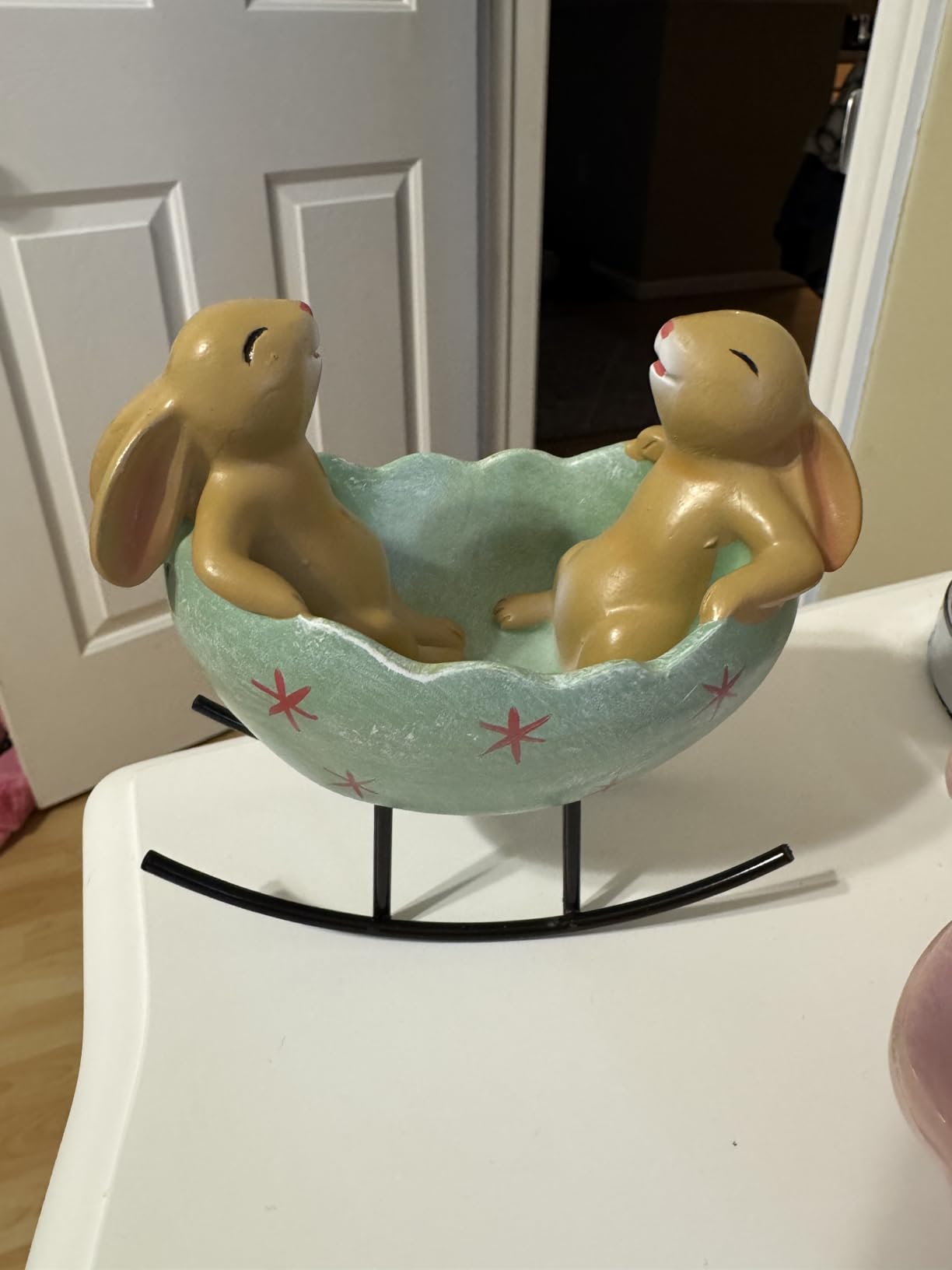 KiaoTime Laughing Bunny Rabbits Rocking in an Easter Egg Cradle Spring Easter Decoration Vintage Rustic Country Bunnies Rabbit Figurine Statue (Bunnies in a Cradle) customer photo 1