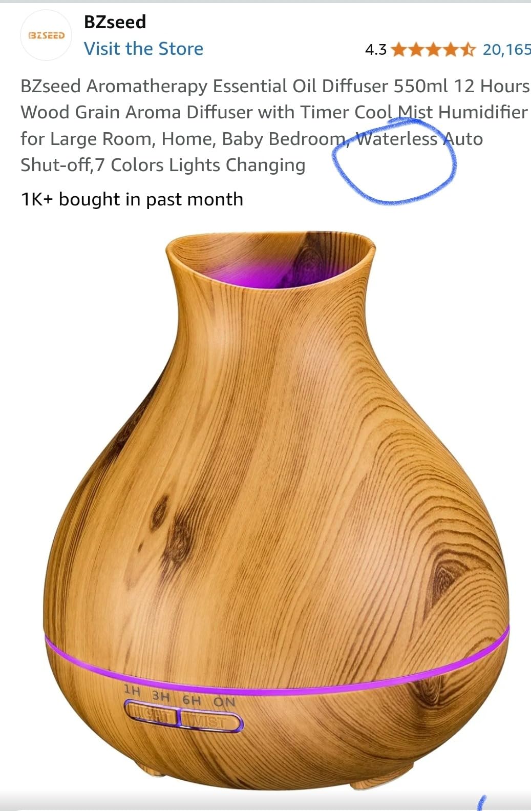 Aromatherapy Essential Oil Diffuser 550ml 12 Hours Wood Grain Aroma Diffuser with Timer Cool Mist Humidifier for Large Room, Home, Baby Bedroom, Waterless Auto Shut-off,7 Colors Lights Changing customer photo 1