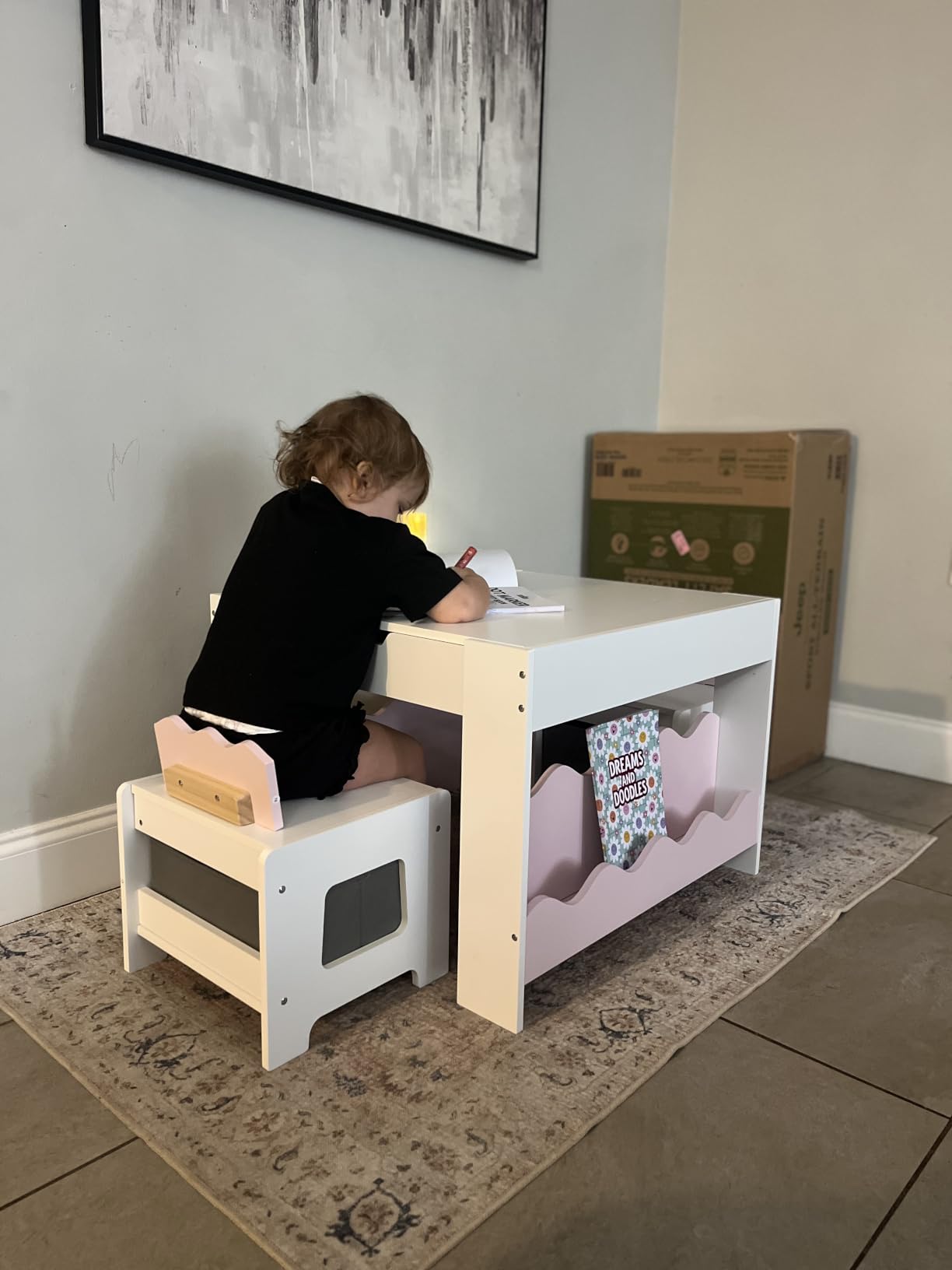 Costzon Kids Table and Chairs, 3 in 1 Art & Craft Toddler Table Set | Wooden Activity Desk Set w/ Reversible Tabletop & Multiple Storage Space, for Children Drawing, Reading, Playing (Natural) customer photo 1
