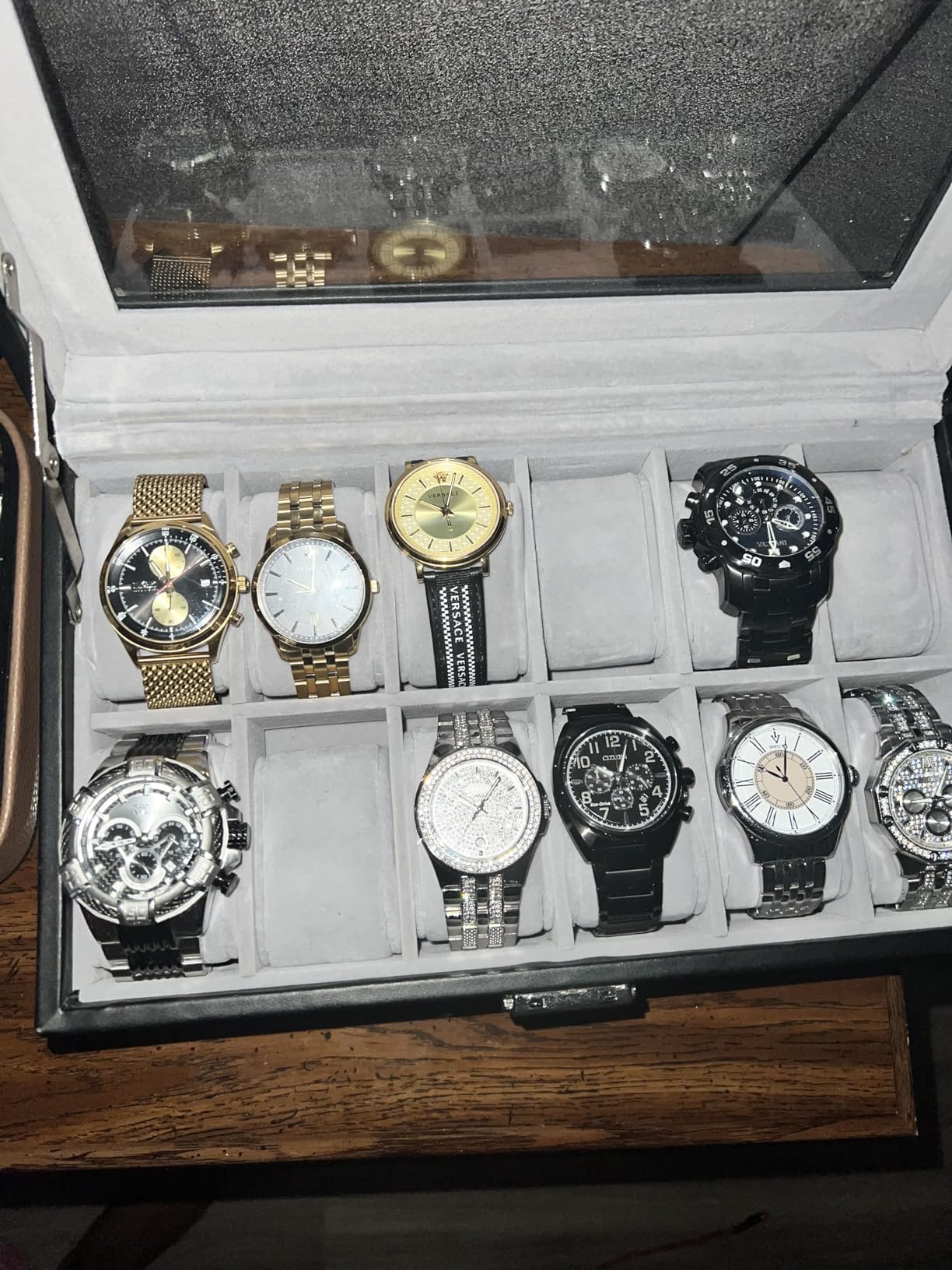 GUKA 12-Slot Watch Box Organizer with Glass Lid, 2-Tier Leather Case | 12 watch slots and a second tier store watches, rings, jewelry, sunglasses and accessories; a practical gift for men. customer photo 1