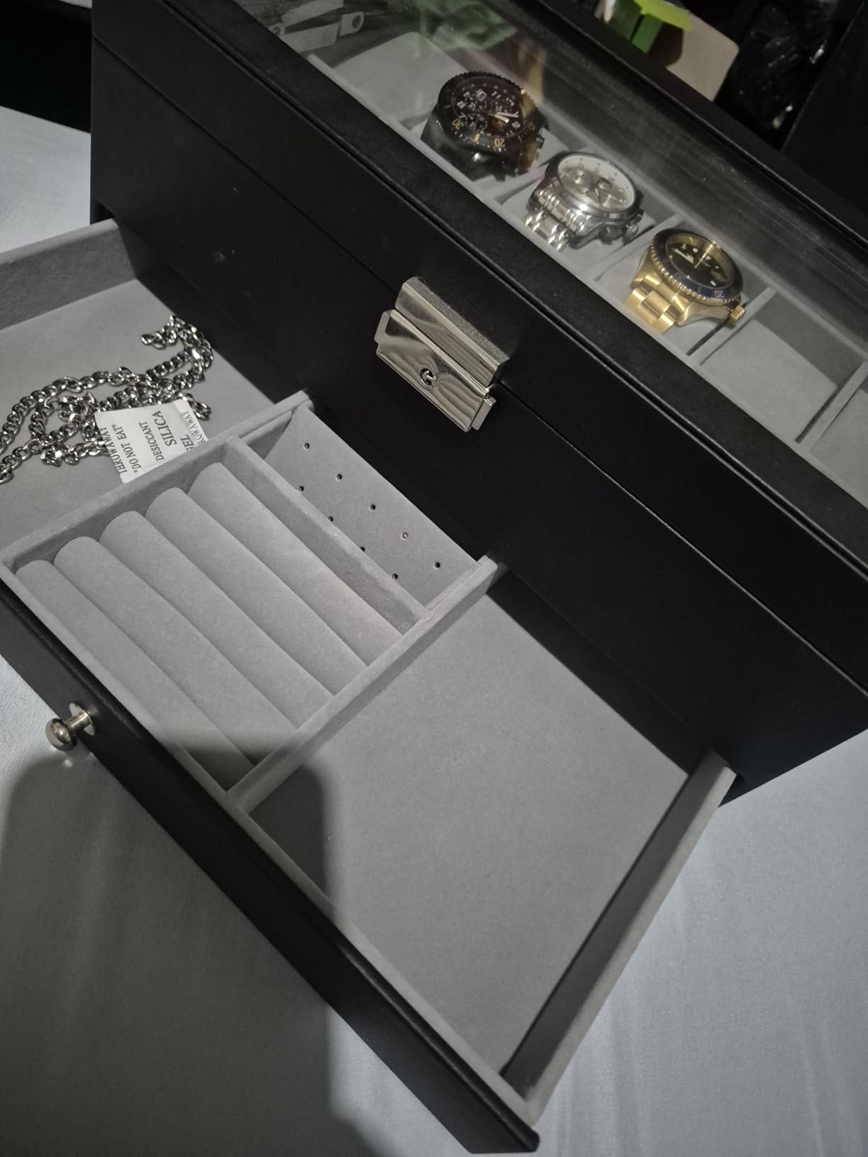 GUKA 12-Slot Watch Box Organizer with Glass Lid, 2-Tier Leather Case | 12 watch slots and a second tier store watches, rings, jewelry, sunglasses and accessories; a practical gift for men. customer photo 2