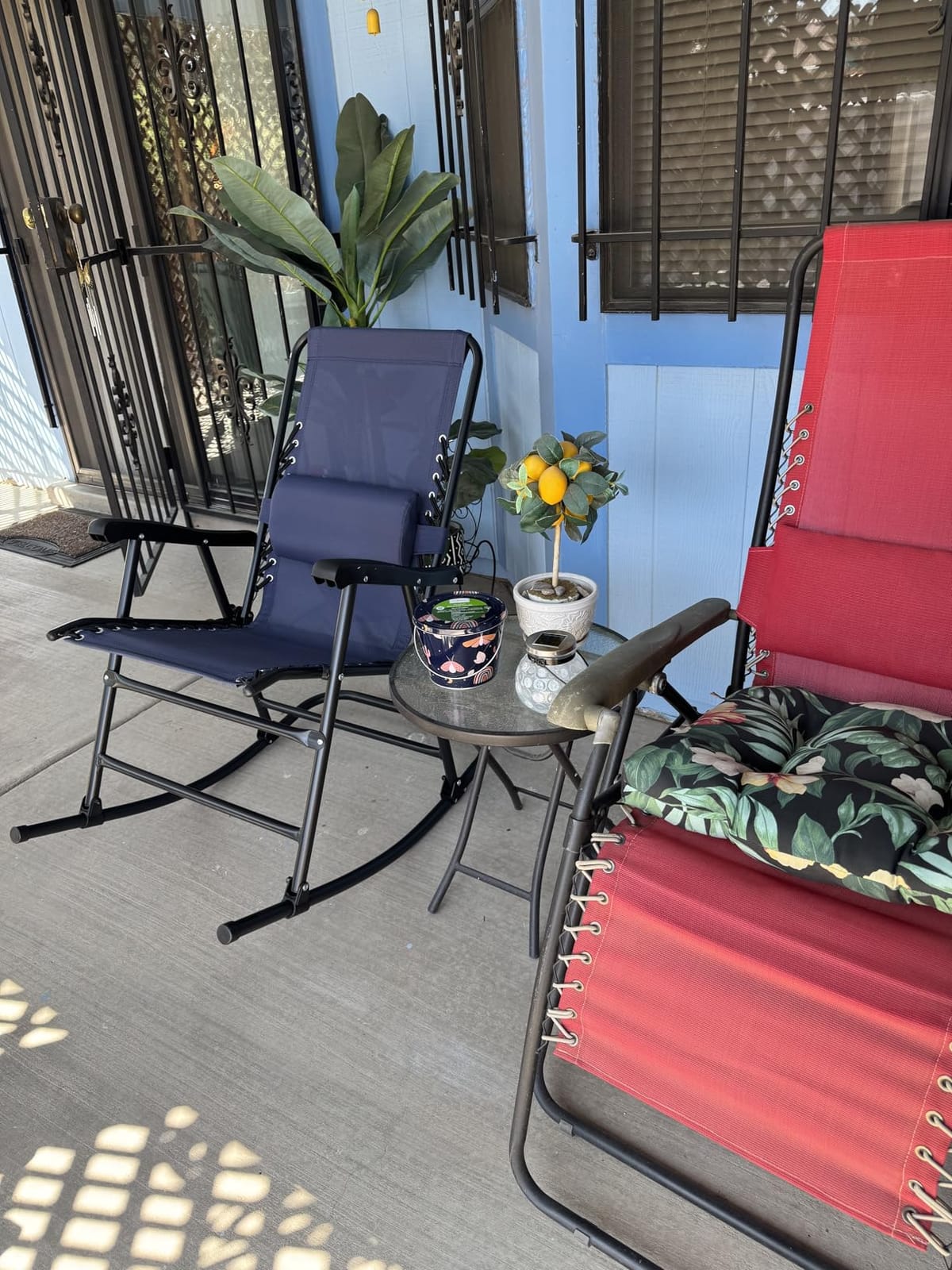 Amazon Basics Outdoor Portable Folding Rocking Chair with Headrest, Ergonomic Design, Weather-resistant Textilene Fabric for Porch, Blue customer photo 2