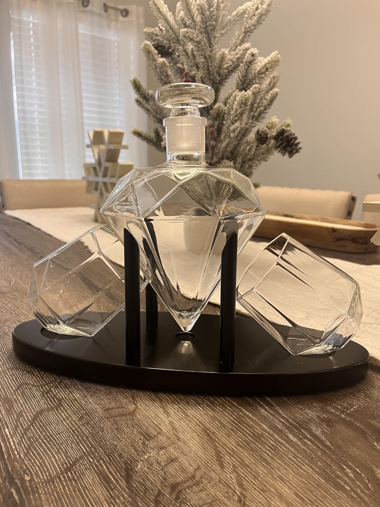 Whiskey Decanter Diamond shaped With 2 Diamond Glasses & Mahogany Wooden Holder – Elegant Handcrafted Crafted Glass Decanter For Liquor, Scotch, Rum, Bourbon, Vodka, Tequila – Great Gift Idea – 750ml customer photo 1