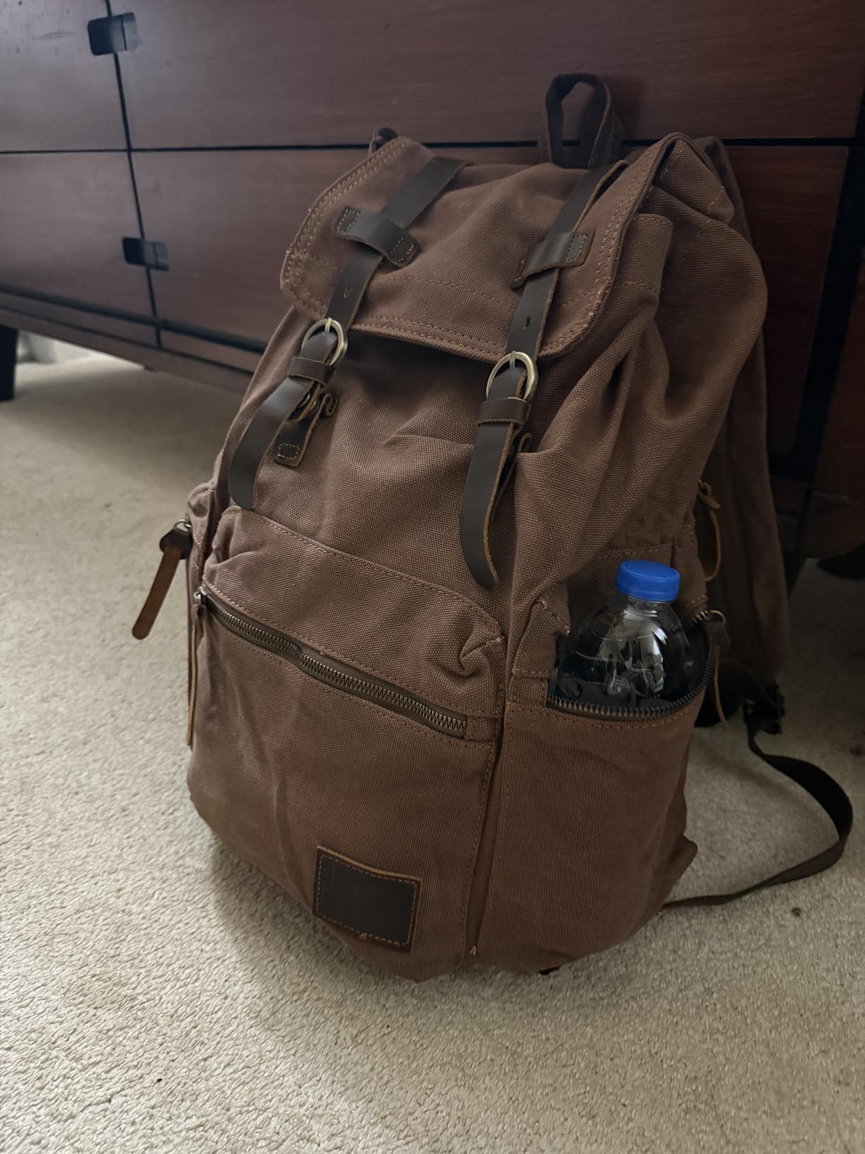 HuaChen Vintage Canvas Travel Backpack with Leather Trim, Laptop Padded Sleeve, Hidden Back Security Pocket, Fits 15-Inch, M32 Coffee Large customer photo 2