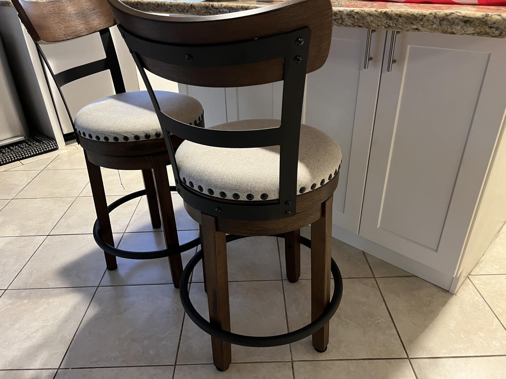 Signature Design by Ashley Valebeck Counter Height Bar Stool, Brown | Rustic-industrial wood and metal stool, Cushioned comfort, Tailored nailhead trim, Smooth 360-degree swivel customer photo 2