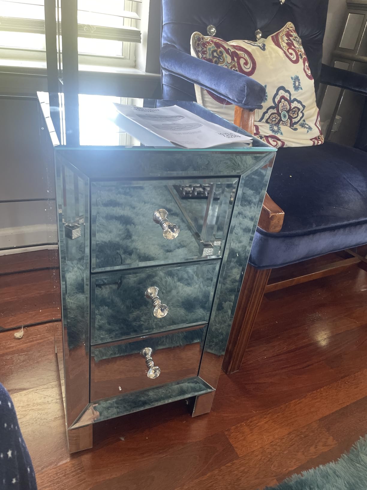 Bonnlo 3-Drawer Mirrored Nightstand End Table Bedside Table for Bedroom, Living Room, Silver, 11.7