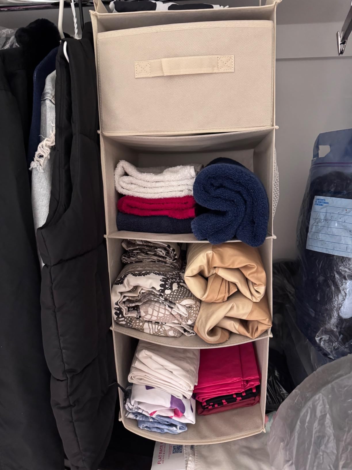 MAX Houser 4-Shelf Hanging Closet Organizer, Space Saver, Cloth Hanging Shelves with 2 Side Pockets, Foldable (Beige) customer photo 2