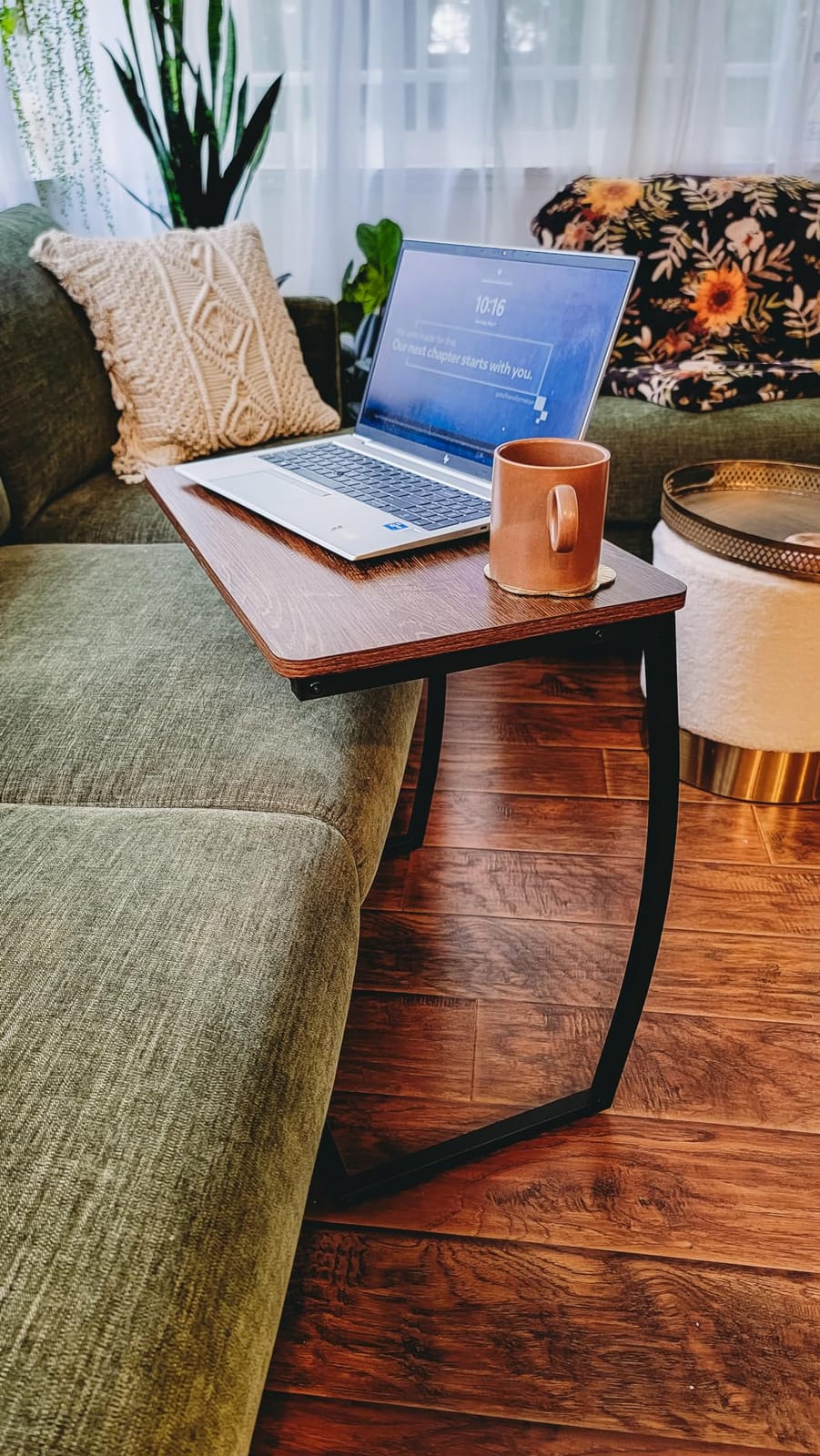 SRIWATANA Walnut C Shaped Side Table, Vintage End Table for Sofa Couch Bed | Space-Saving C-Table Slides Under Sofa; Sturdy Wood & Metal Frame with Adjustable Feet for Laptop, Coffee, and Snack Use customer photo 1