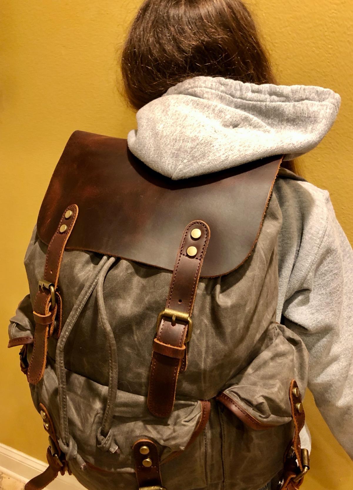 WUDON Leather Backpack for Men, Waxed Canvas Shoulder Rucksack Carry-On Travel Backpack customer photo 2