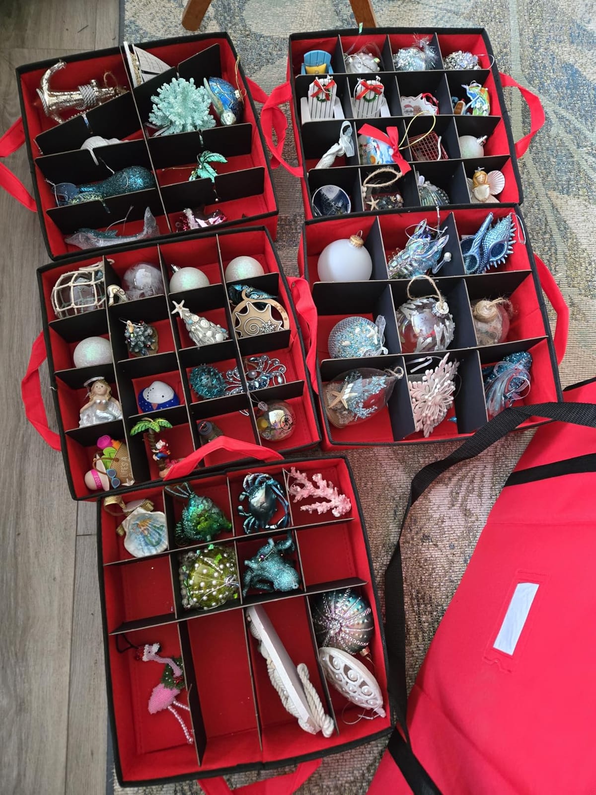 ZOBER All in One Christmas Ornament Storage Box & Decoration Container - Easy Access Removable Trays, Keeps 73 Ornaments - Adjustable Extent Area for Figurines and Pockets for Decoration - Red customer photo 1