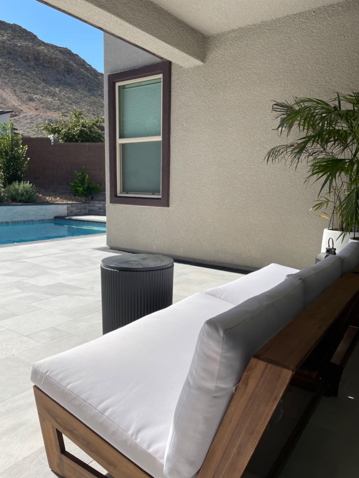 Great Deal Furniture Kaitlyn Outdoor Acacia Wood Loveseat with Cushions, Teak and White customer photo 2