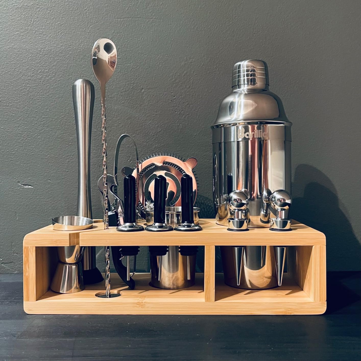 Barillio Gold Bartender Kit - Stainless-Steel Cocktail Shaker Set w/Bamboo Stand - Mixology Bar Tools w/Drink Shaker, Mixer Spoon and Muddler for Cocktails - Home Bar Accessories - 23-Pc Bar Set customer photo 2