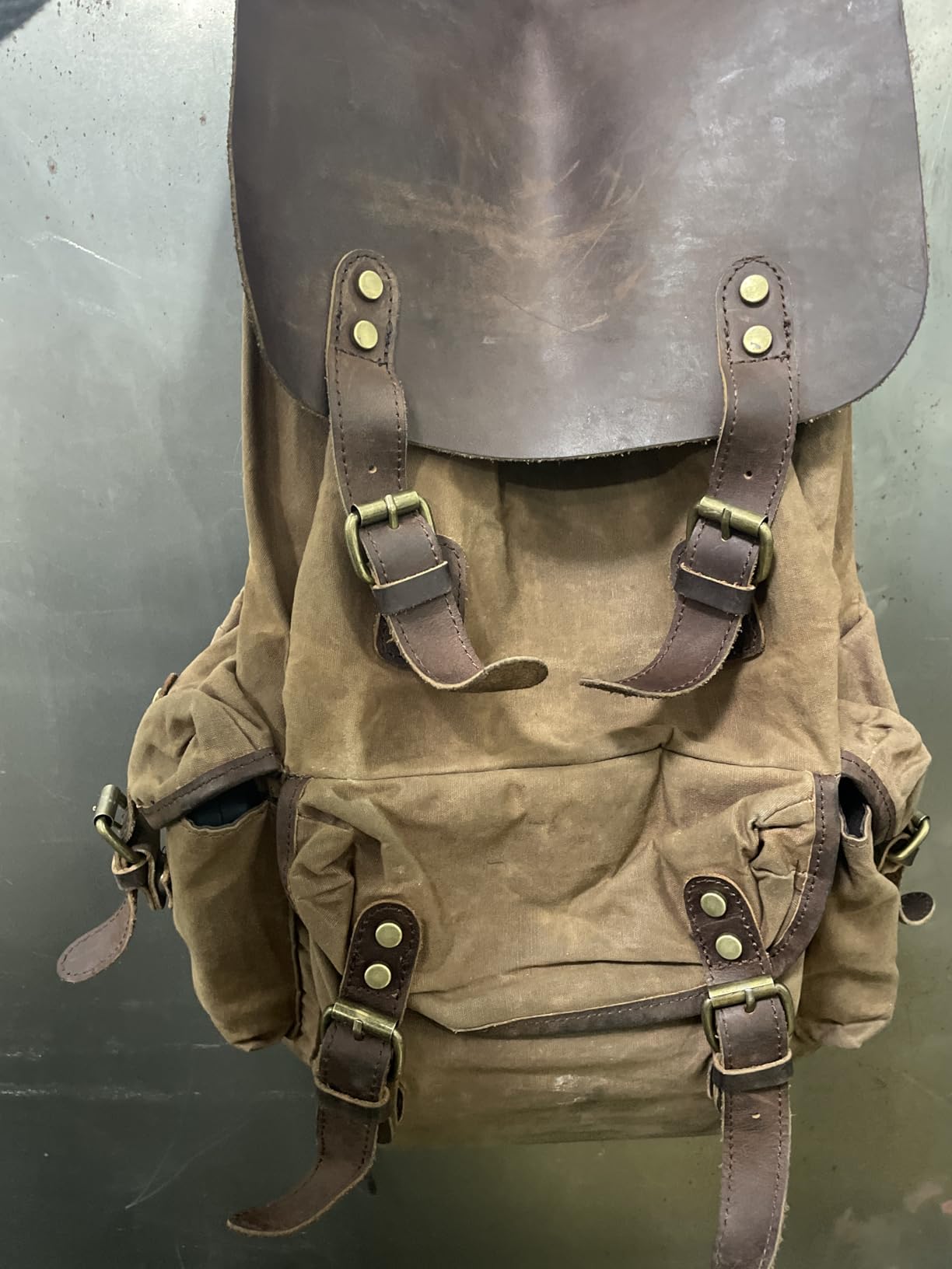 HuaChen Vintage Waxed Canvas Backpack with Genuine Leather Flap, Travel & Work Rucksack, Water-Resistant Daypack with Anti-Theft Pocket, Large (15.6