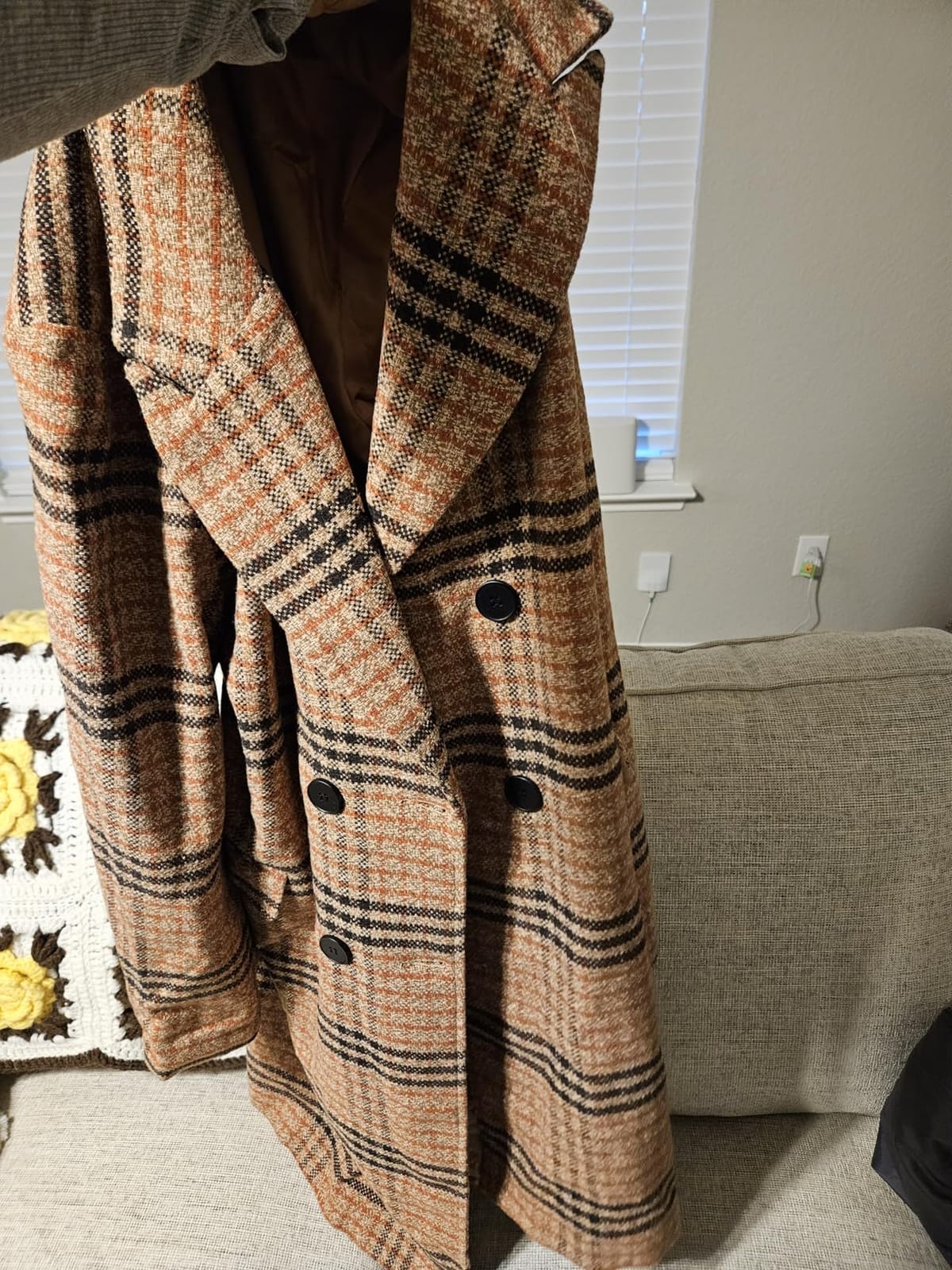 CHARTOU Women's Winter Oversize Lapel Collar Woolen Plaid Double Breasted Long Peacoat Jacket customer photo 1