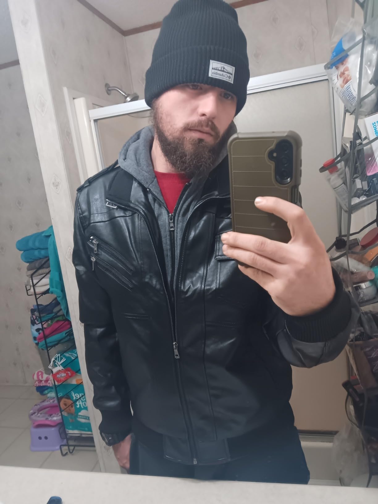 HOOD CREW Men’s Casual Stand Collar PU Faux Leather Zip-Up Motorcycle Bomber Jacket With a Removable Hood customer photo 2