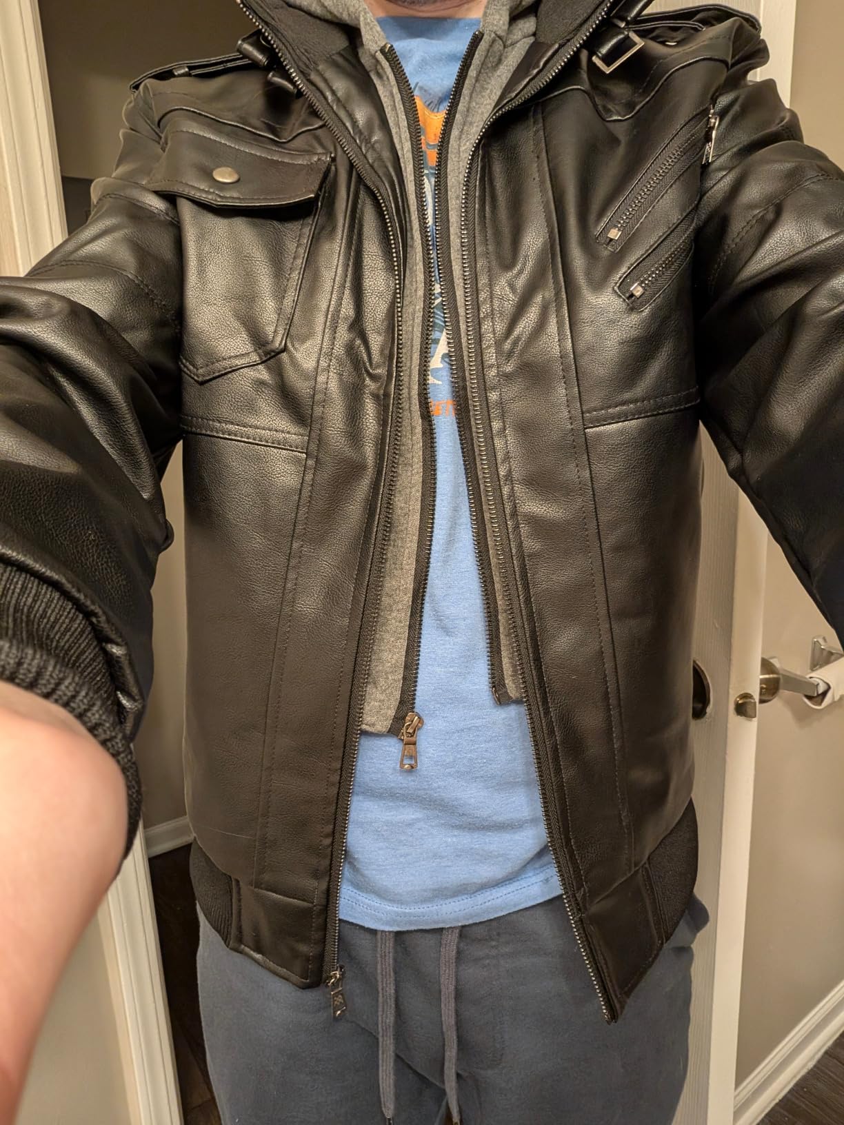 HOOD CREW Men’s Casual Stand Collar PU Faux Leather Zip-Up Motorcycle Bomber Jacket With a Removable Hood customer photo 1