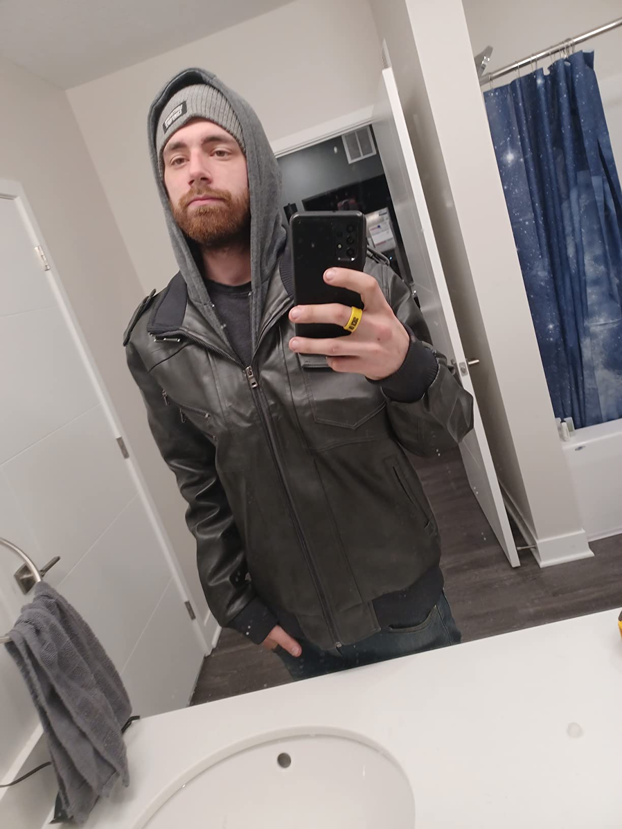 HOOD CREW Men’s Casual Stand Collar PU Faux Leather Zip-Up Motorcycle Bomber Jacket With a Removable Hood customer photo 2