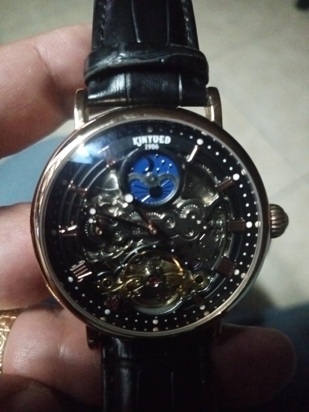 IK COLOURING Bestn Mens Luxury Skeleton Automatic Mechanical Wrist Watches Leather Moon Phrase Luminous Hands Self-Wind Watch customer photo 1