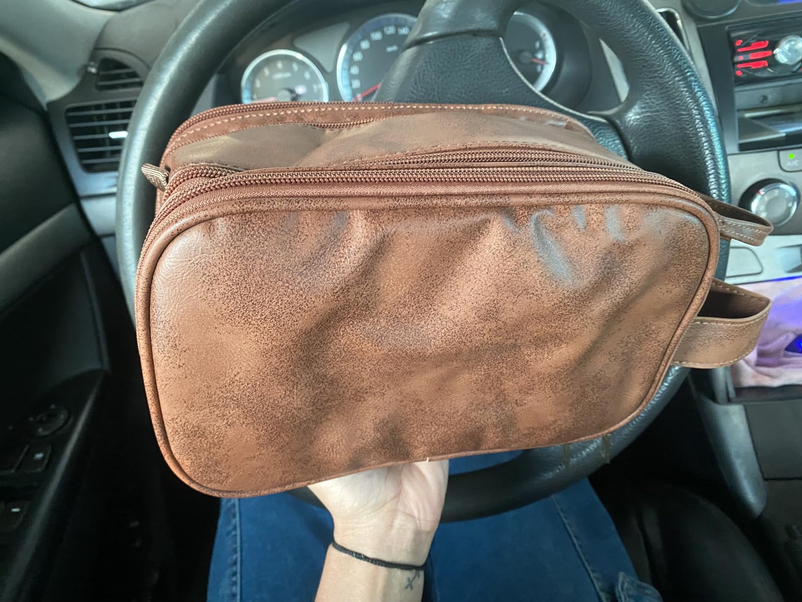 Elviros Toiletry Bag for Men PU Leather Shaving Dopp Kit (Large,Brown) customer photo 2