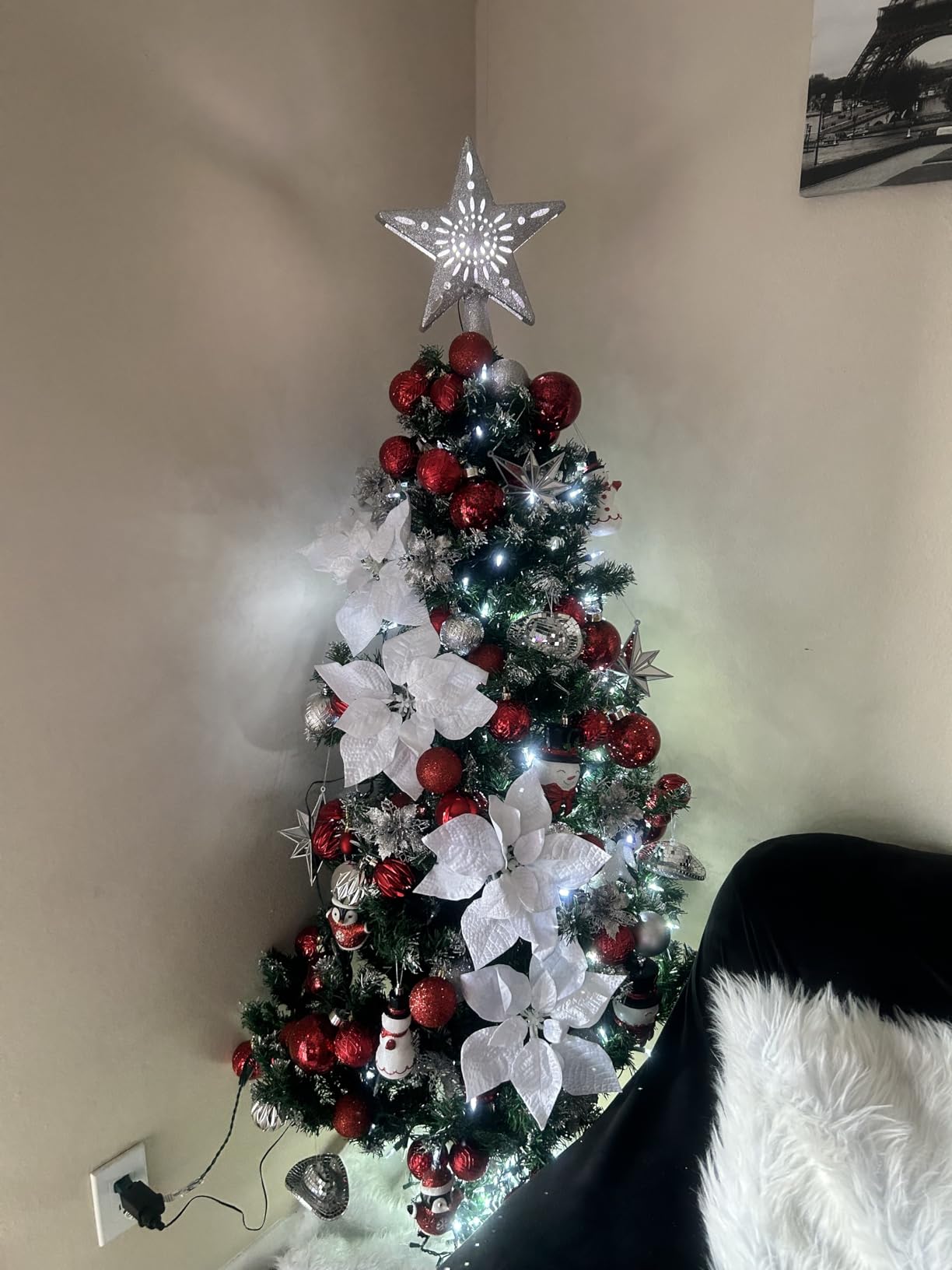 DG-Direct Christmas Tree Topper Lighted Star [Silver],3D Hollow Sparkling Star Christmas Tree Topper with Rotating Magic Cool White Snowflake Projector for Christmas Tree Ornament (Silver) customer photo 1