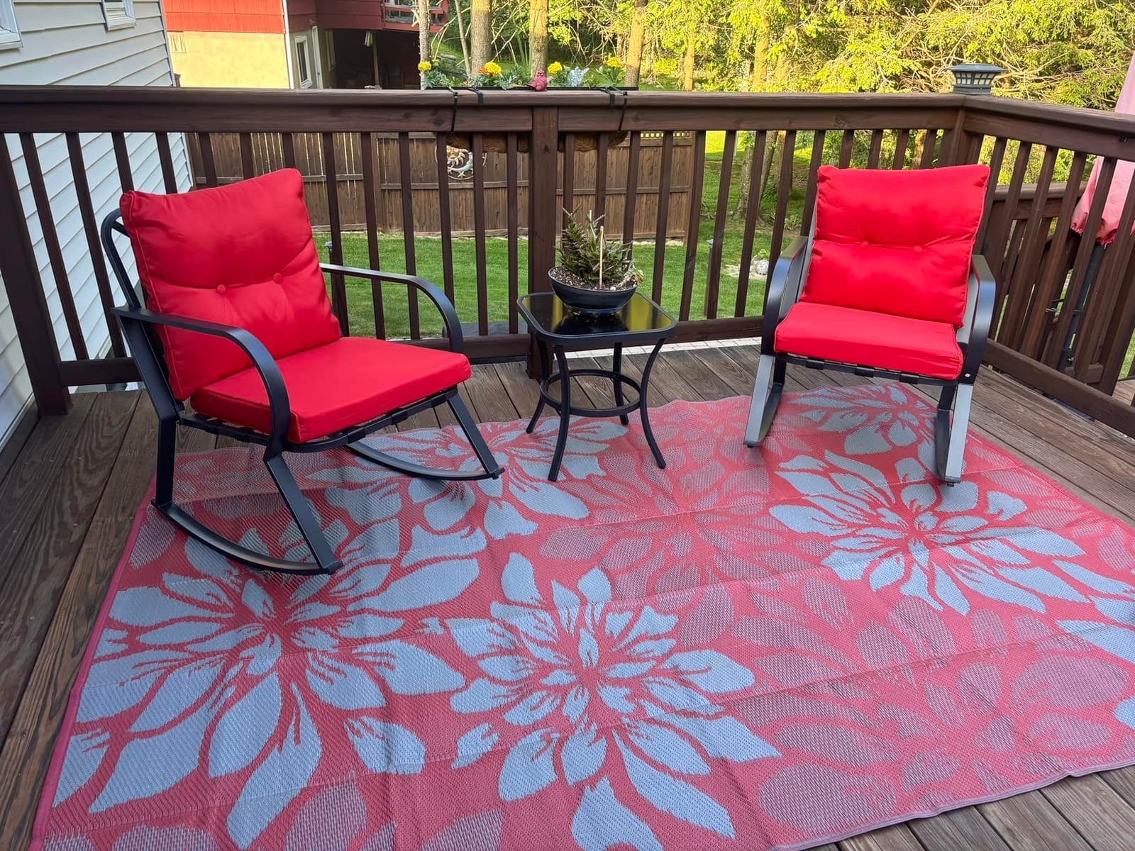 SOLAURA 3-Piece Outdoor Rocking Chairs Bistro Set, Black Iron Patio Furniture with Gray Thickened Cushion & Glass-Top Coffee Table customer photo 2