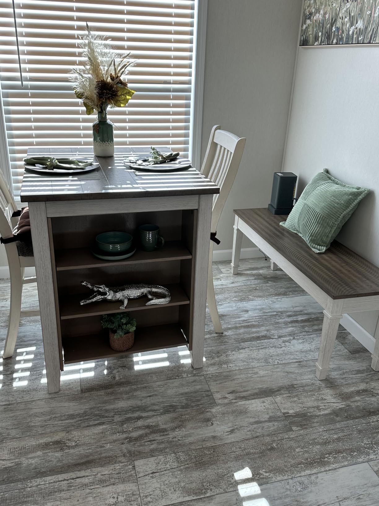 Signature Design by Ashley Skempton 3-Piece Counter Height Dining Table Set | Two-tone acacia wood set, 3 built-in open shelves, 2 upholstered saddle stools, Space-saving tuck-away design, Dining room customer photo 2