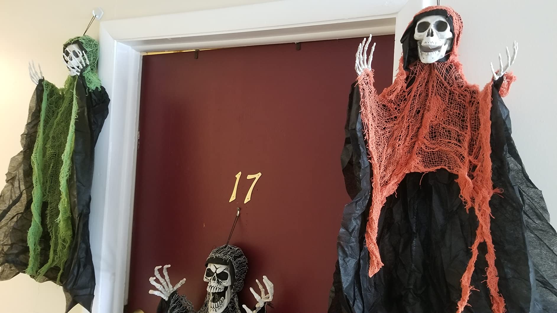 JOYIN Halloween Hanging Grim Reapers (3 Pcs), One 47” and Two 35” Grim Reapers, Halloween Skeleton Flying Ghost for Haunted House Prop Décor, Outdoor Indoor Décor customer photo 1