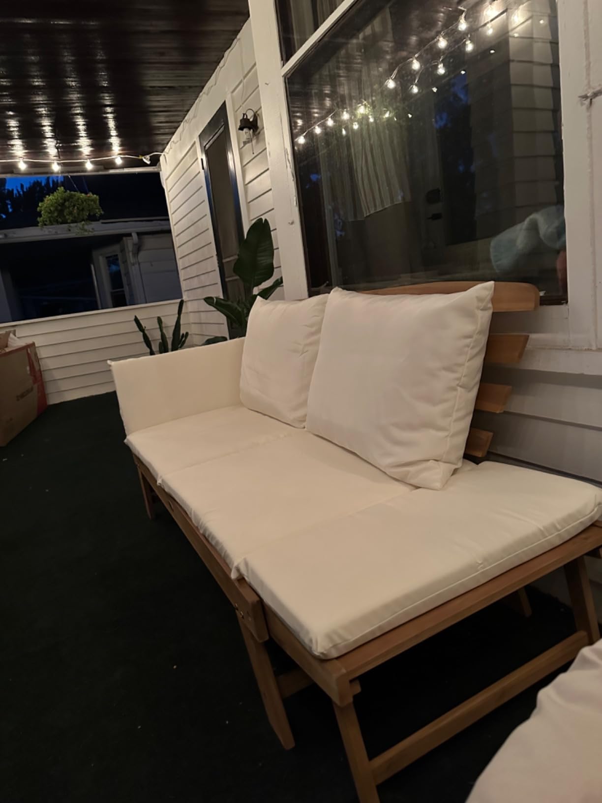 Tangkula Convertible Acacia Wood Patio Couch Sofa Bed with Adjustable Armrest, Outdoor Daybed with Cushion & Pillows, Outside Folding Futon Sofa Couch Bench for Porch, Courtyard, Poolside & Garden customer photo 1