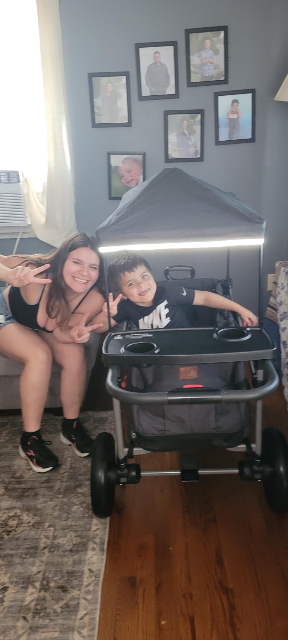 EVER ADVANCED Foldable Wagons for Two Kids & Cargo, Collapsible Folding Stroller with Adjustable Handle Bar,Removable Canopy with 5-Point Harness Gray customer photo 1