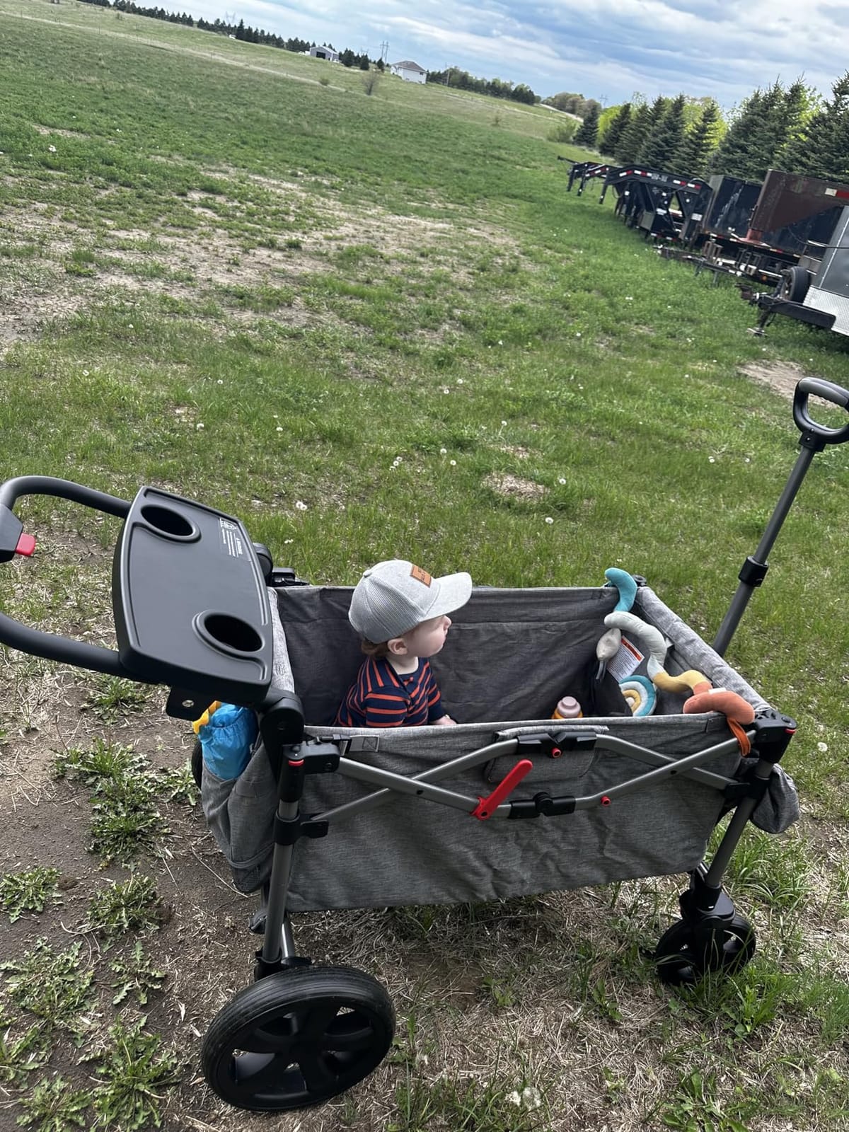 EVER ADVANCED Foldable Wagons for Two Kids & Cargo, Collapsible Folding Stroller with Adjustable Handle Bar,Removable Canopy with 5-Point Harness Gray customer photo 2