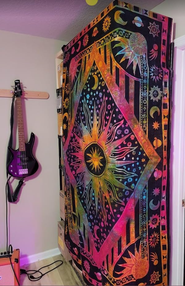 Popular Handicrafts Wall Hanging Tapestry For Bedroom Hippie Burning Sun and Moon Meditation Bohemian Hippy Psychedelic Design Indian Tapestries Bedspread 30 x 40 Inches (76 x 101 cms), Blue customer photo 1