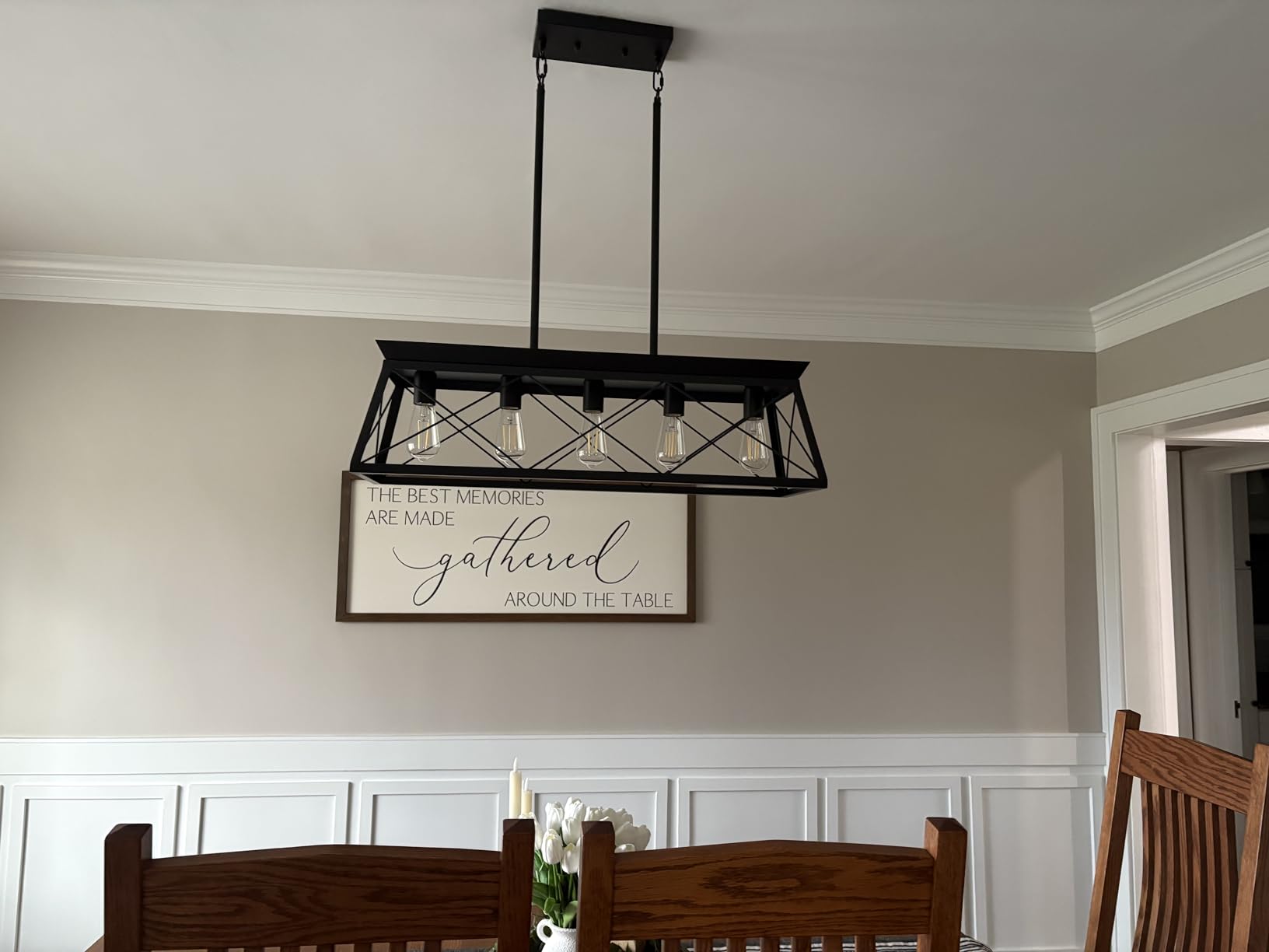 Farmhouse Chandeliers for Dining Room, Rustic Kitchen Island Light Fixture, 5-Light Linear Pendant Lighting Rectangular Chandelier, Metal Solid Ceiling Lights customer photo 2
