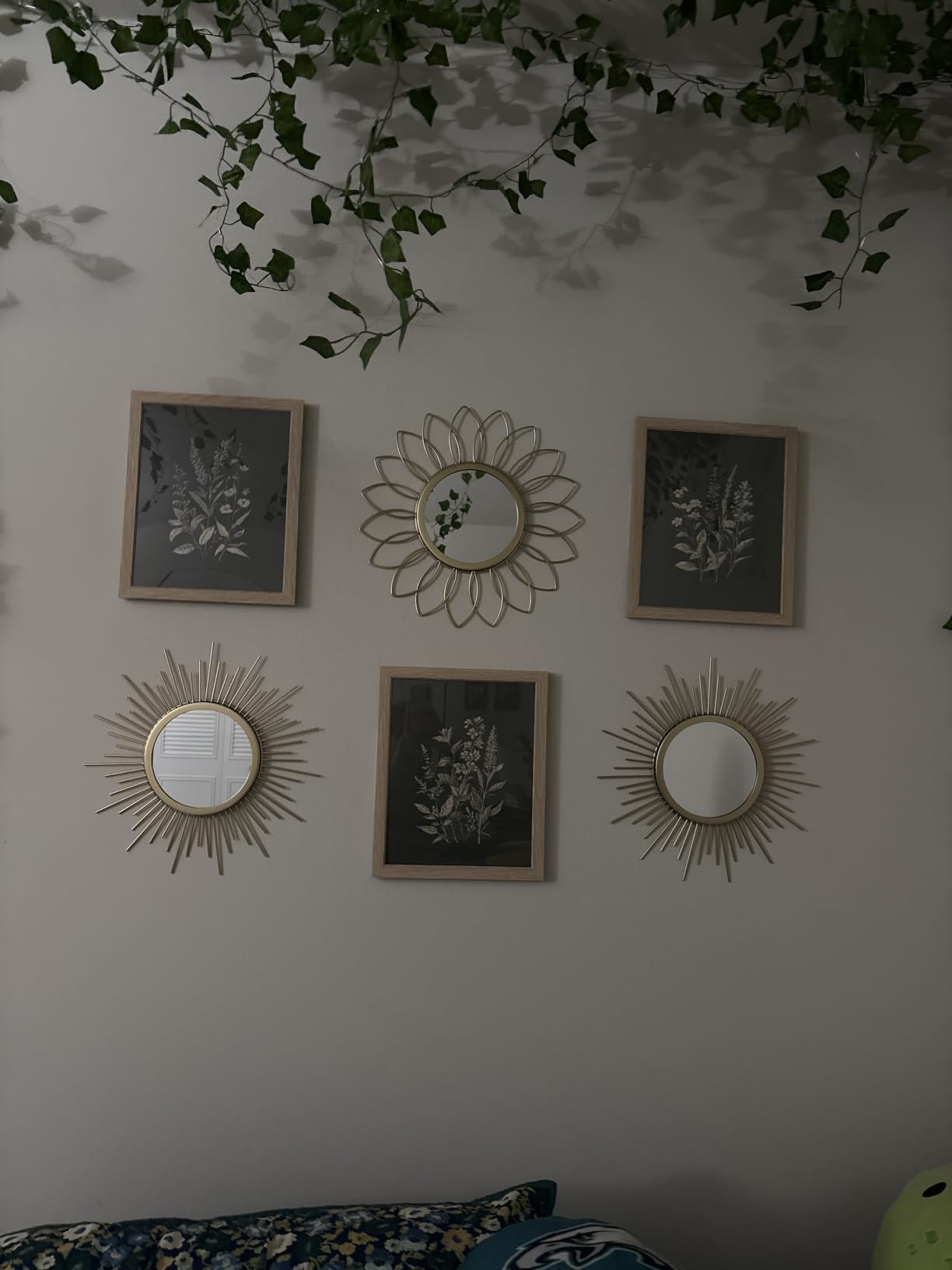 3 Pack Metal Mirrors for Wall Sunburst Wall Mirrors Home Décor Decorative Hanging Wall Art for Living Room Bedroom Entryway (Gold, Flower+Sunburst) customer photo 2
