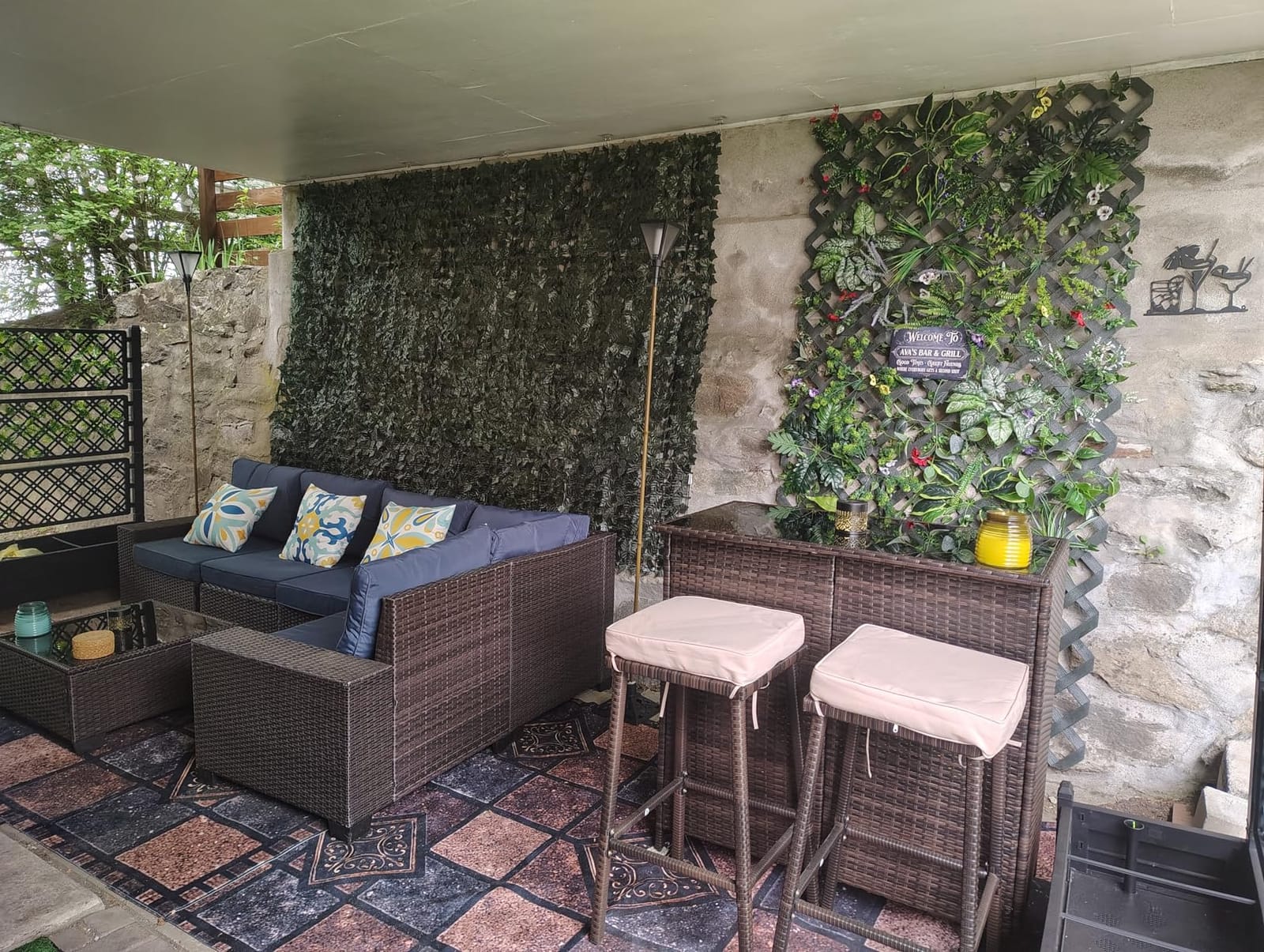Yaheetech 3pcs Outdoor Bar Set, Patio Wicker Bar Furniture with 2 Storage Shelves, Glass Top Table, Cushions and Two Stools, Brown/Khaki customer photo 1