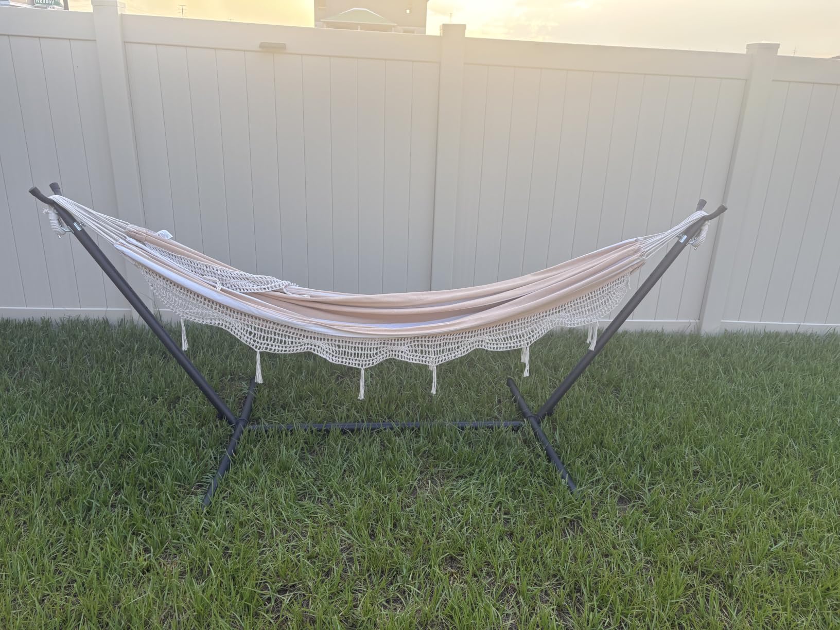 Amazon Basics Double Hammock with 9-Foot Space Saving Steel Stand and Carrying Case, 2 Person, 450 lb Capacity, Sunset Orange Stripe, 110