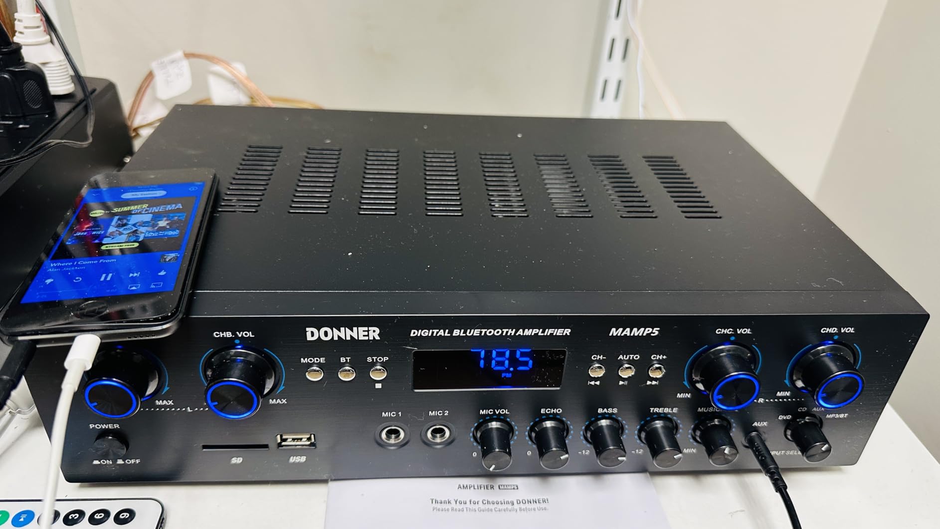 Donner Bluetooth 5.0 Stereo Audio Amplifier Receiver, 4 Channel 440W Peak Power Home Theater Stereo Receiver with USB, SD, FM, 2 Mic in Echo, RCA, LED, Speaker Selector for Studio, Home - MAMP5 customer photo 2