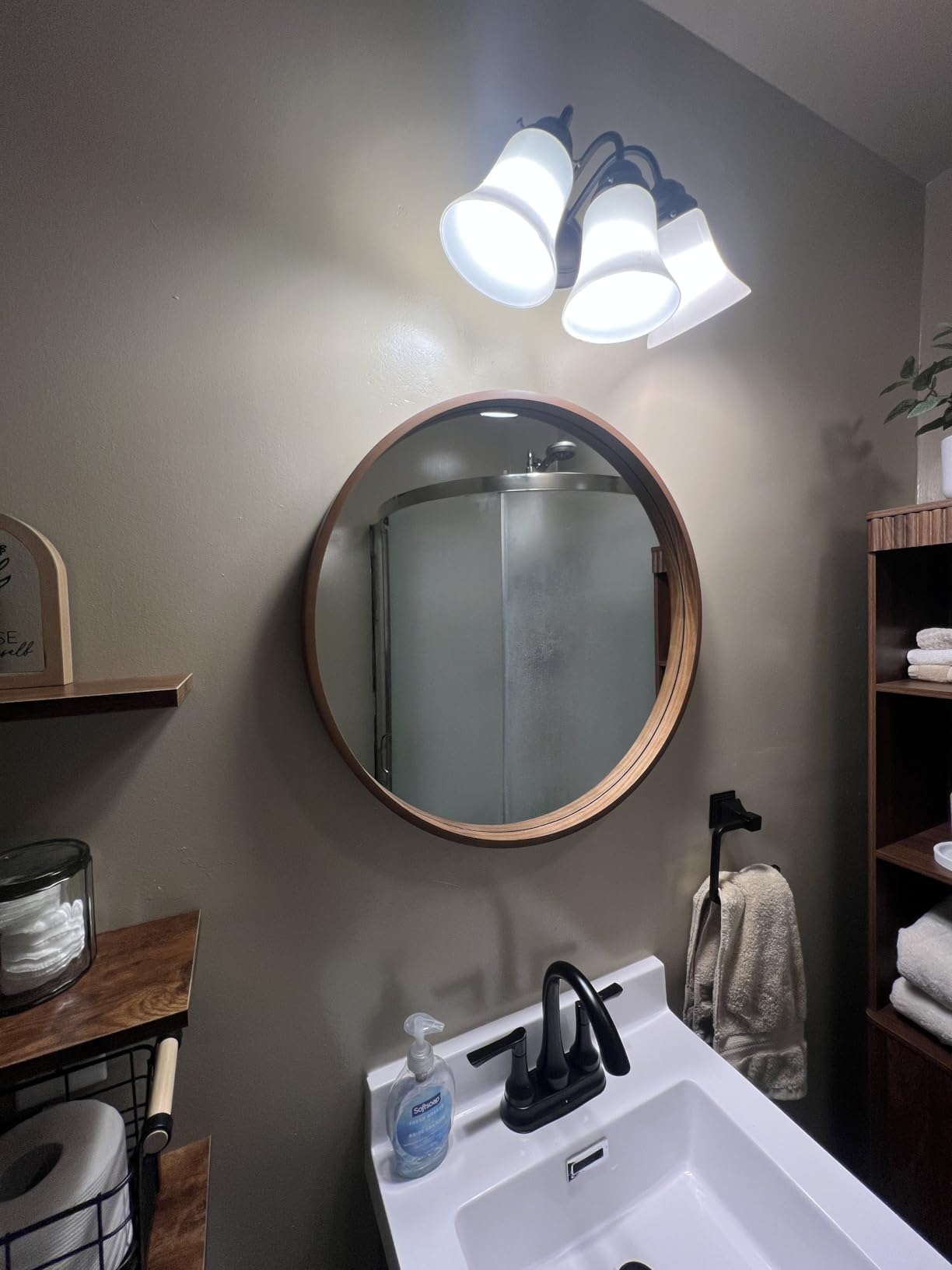 WallBeyond Wood Round Mirror with Wood Frame 24 inch Circle Wall Mirror for Bathroom Round Wall Mirror for Wall Decor, Vanity, Entryway Living Room (Walnut) customer photo 1