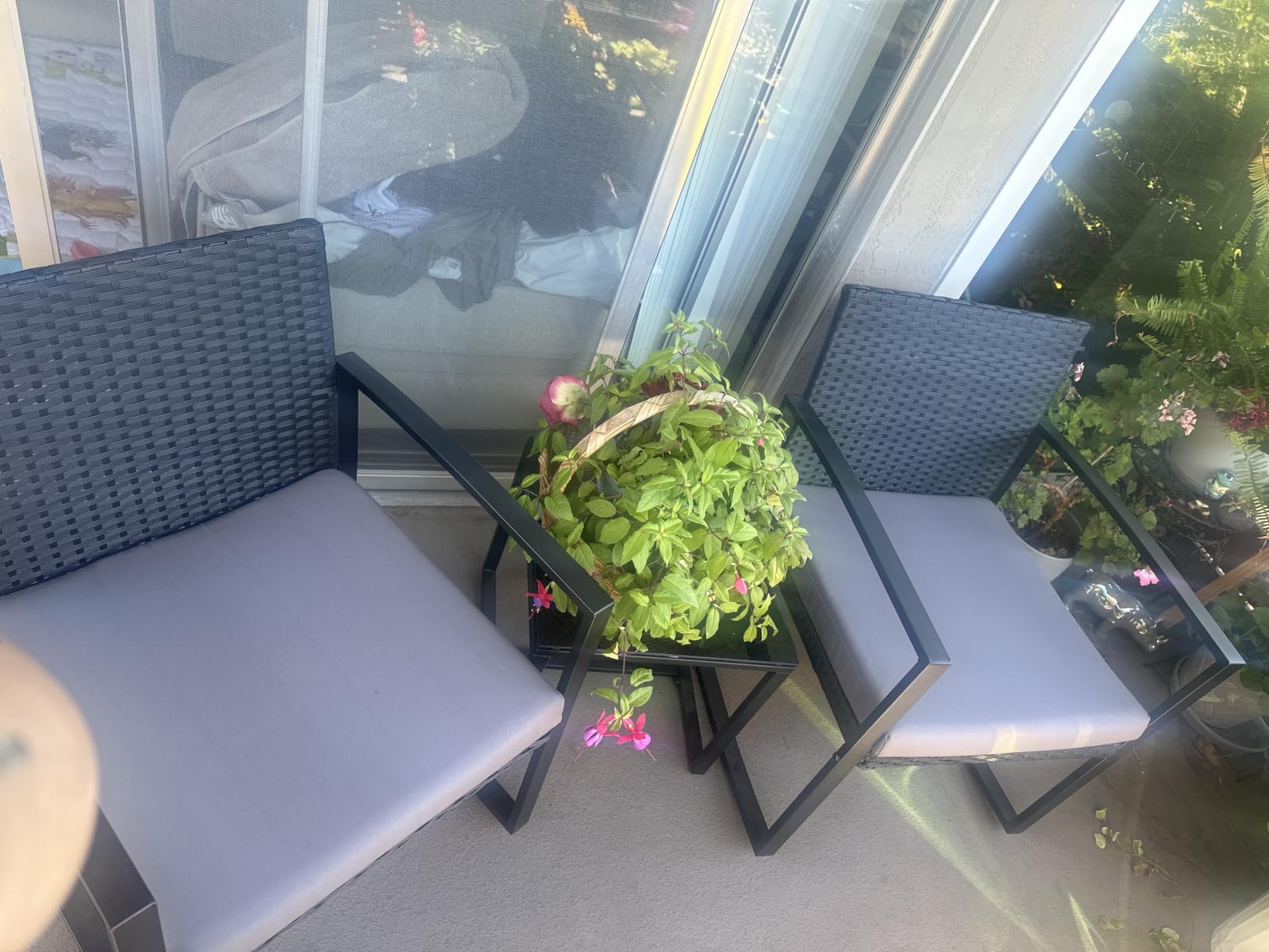 Qsun 3 Pieces Patio Furniture Set Rocking Bistro Set Outdoor Rattan Conversation with Coffee Table for Garden Balcony Backyard Poolside (Grey Cushion) customer photo 2