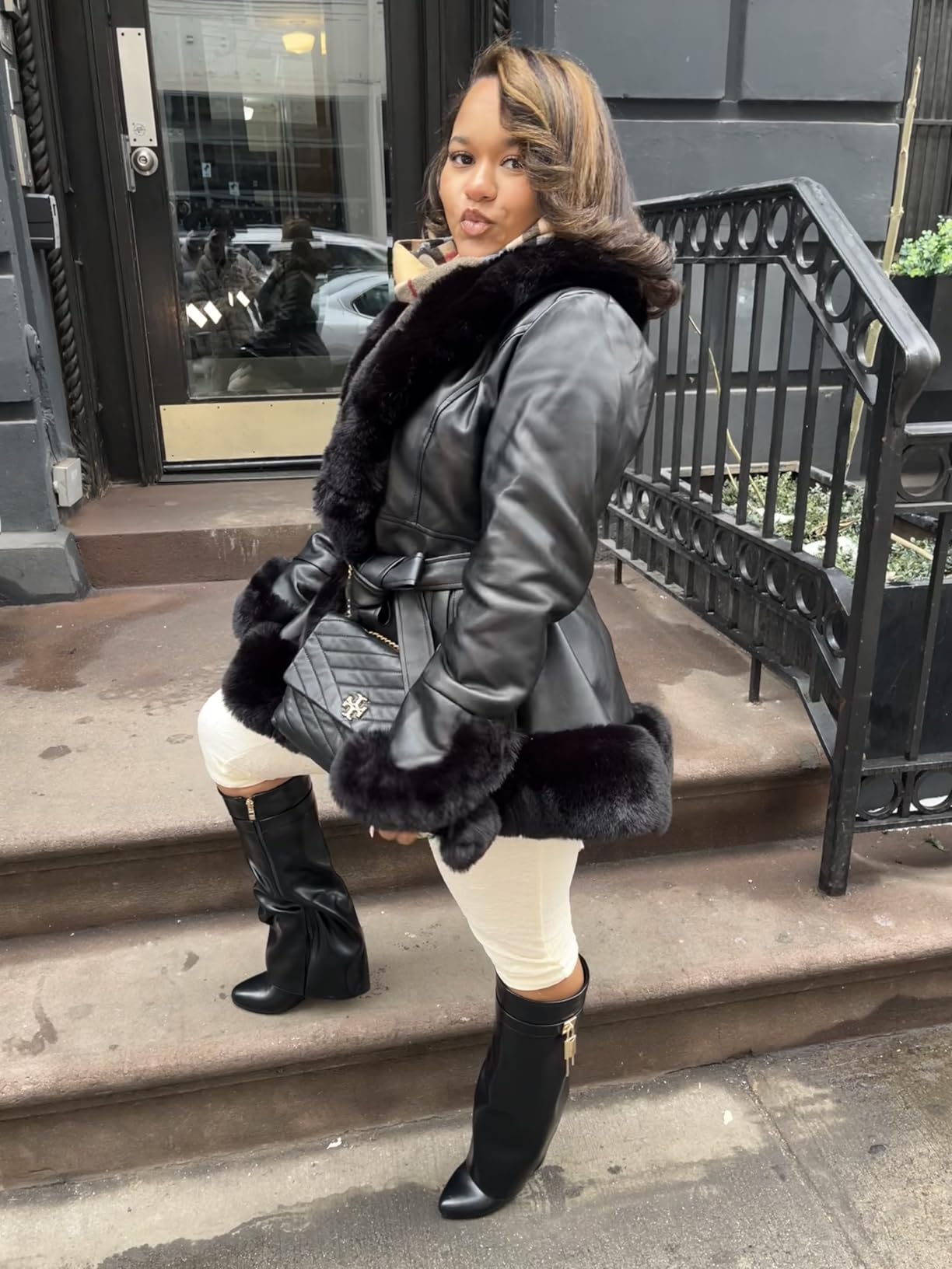 GRAN ORIENTE Winter Womens Faux Fur Leather Coat with Collar customer photo 1