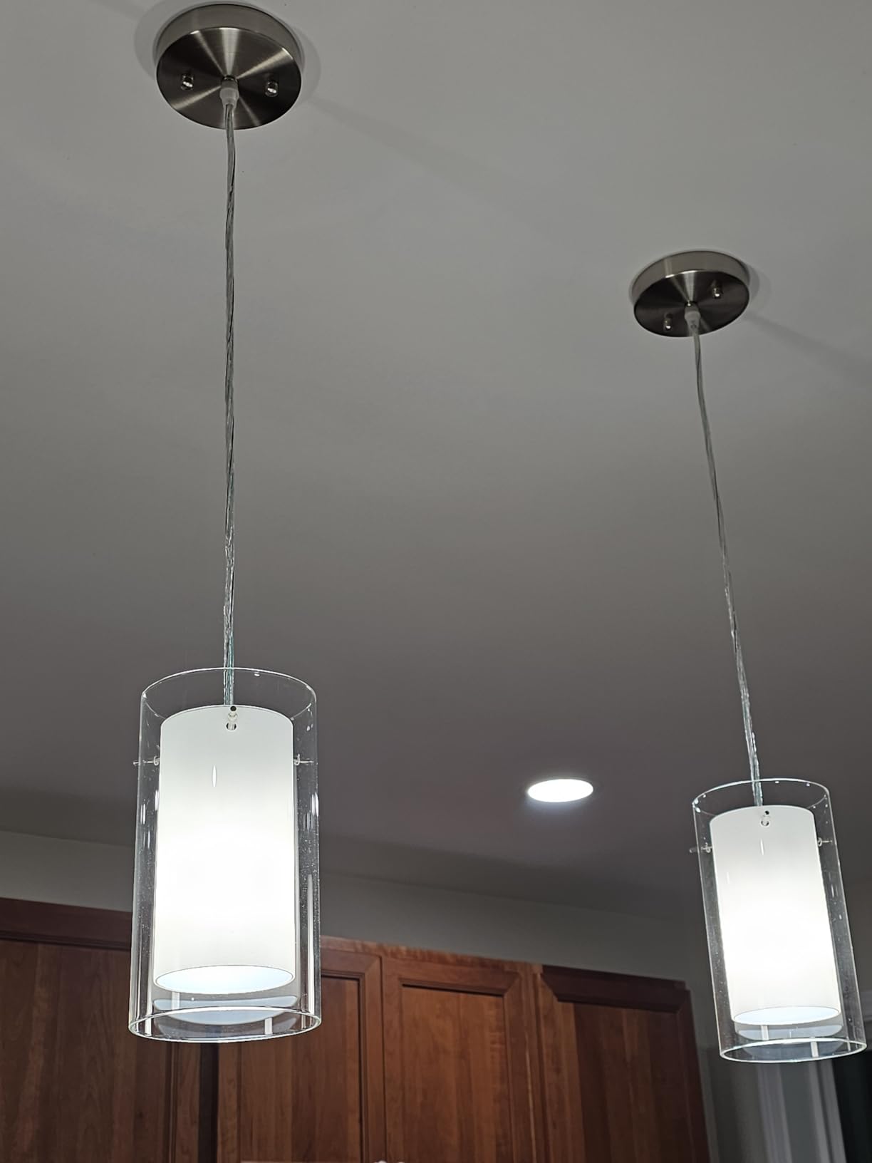 AKEZON Pendant Lights Kitchen Island 2 Pack, Brushed Nickel, Adjust Height | Flat/Slope wired Ceiling,modern design,Clear Glass,inner frosted white glass,E26 base,Hardwired Mount,Indoor Use,ETL Listed customer photo 2