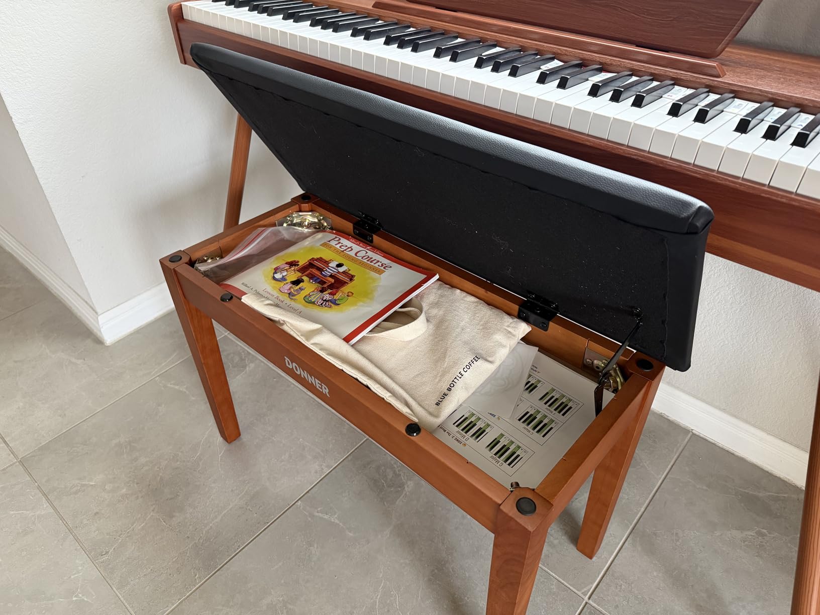 Donner Duet Piano Bench with Storage, Solid Wooden Keyboard Bench Piano Bookcase Stool Chair Seat with High-Density Sponges Padded Cushion, Black customer photo 2