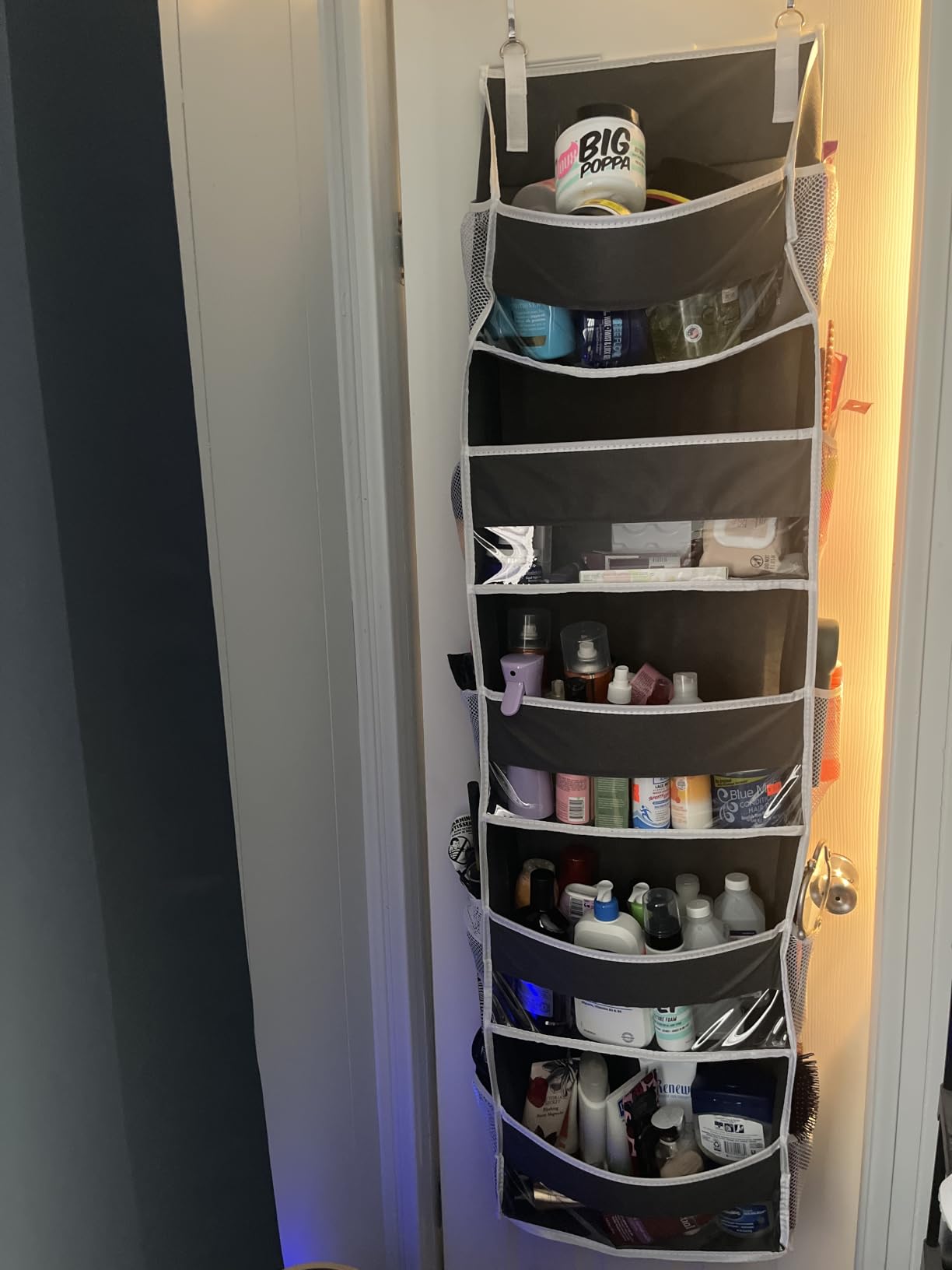 ULG 1 Pack Over Door Organizer with 5 Large and 10 Mesh Side Pockets, 44 lbs Weight Capacity Hanging Storage with Clear Window Kids Toys, Shoes, Diapers, Dark Grey, 5 Layers customer photo 1