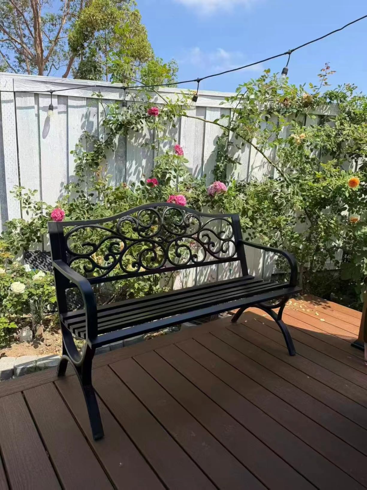 MFSTUDIO 50 Inches Outdoor Garden Bench Cast Iron Metal Frame, Floral Black customer photo 2