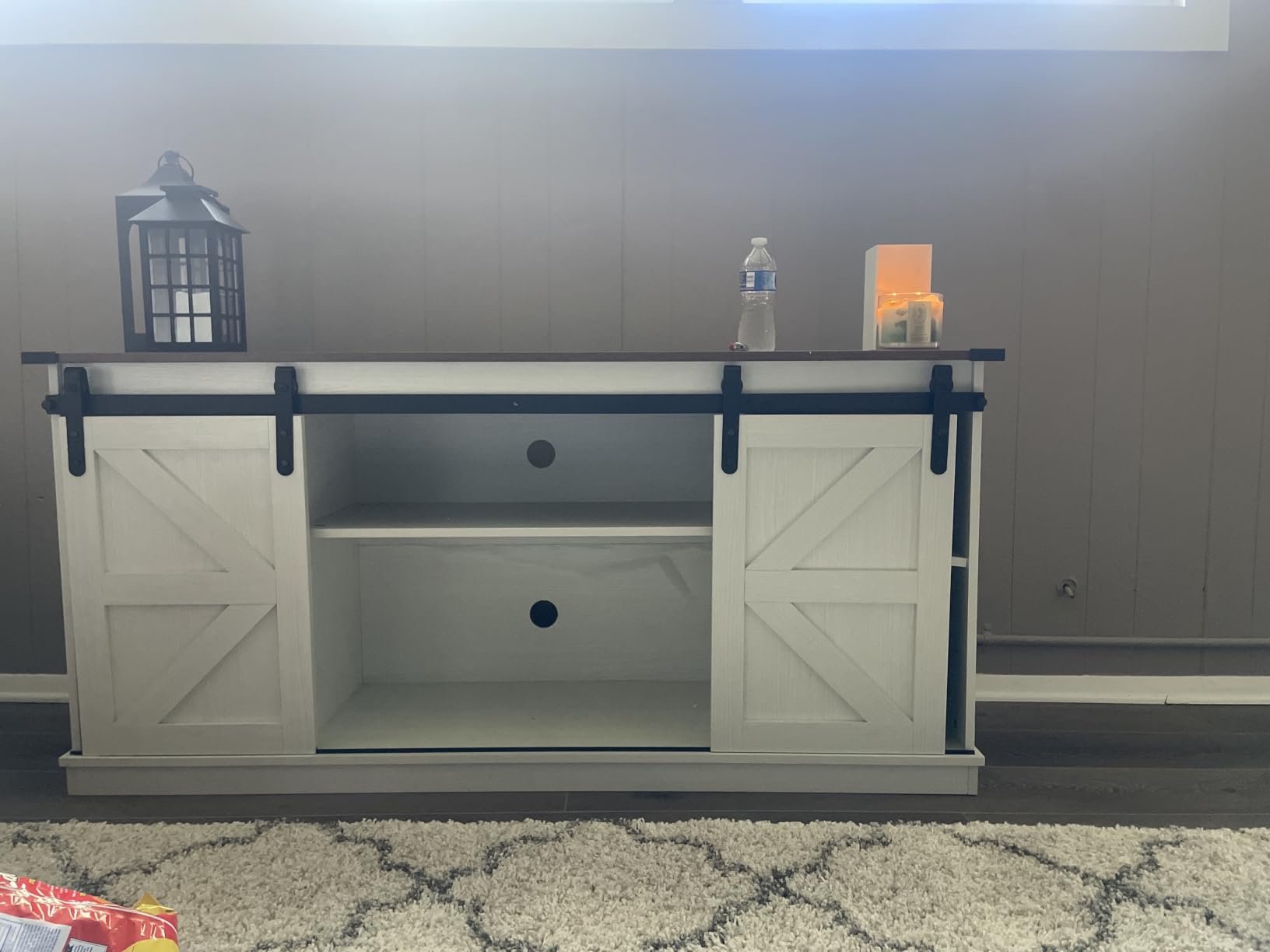 JUMMICO TV Stand for 65 Inch TV, Sliding Barn Doors, Bright White customer photo 1