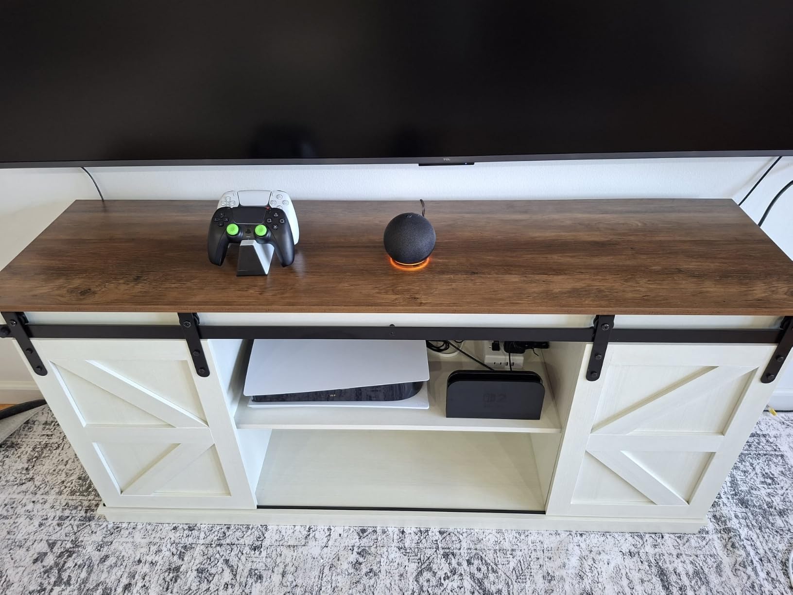 JUMMICO TV Stand for 65 Inch TV, Sliding Barn Doors, Bright White customer photo 2